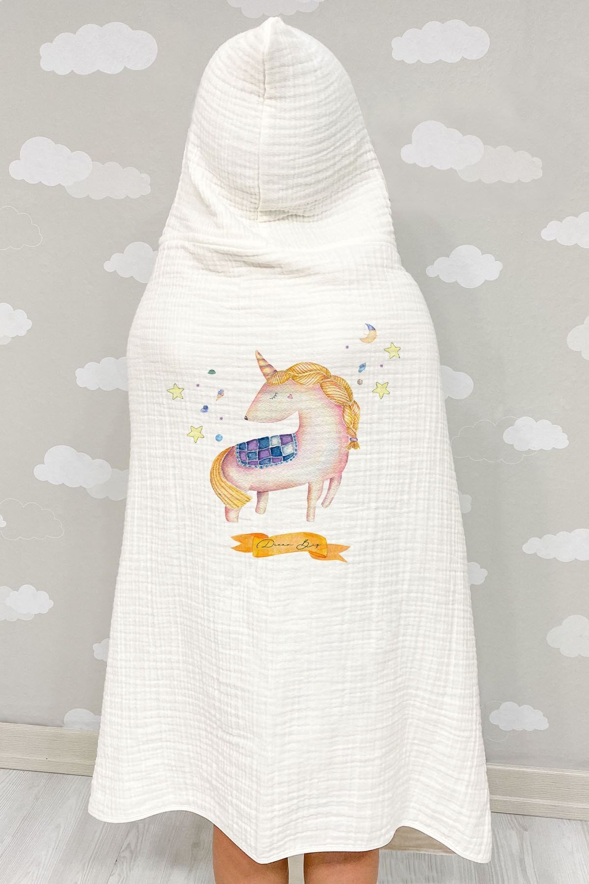 4 Kat Müslin Kapüşonlu Havlu - Pure Baby Serisi - Yıldızlar Altında Unicorn