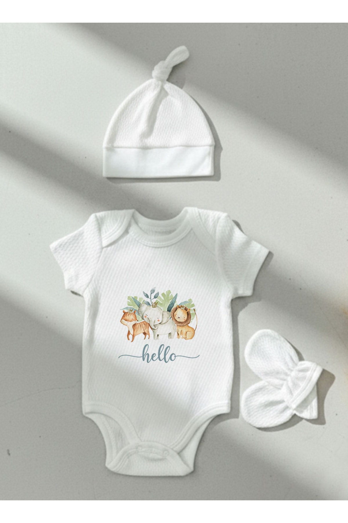 Jakarlı Body Şapka Eldiven - For Baby - Safari Animals
