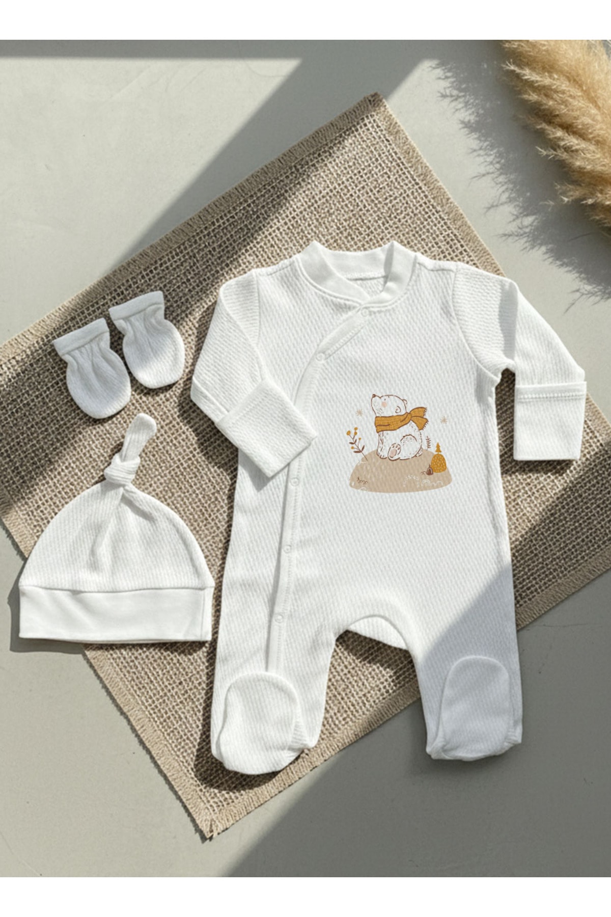 Jakarlı Tulum Şapka Eldiven - For Baby - Kahverengi Atkılı Ayı
