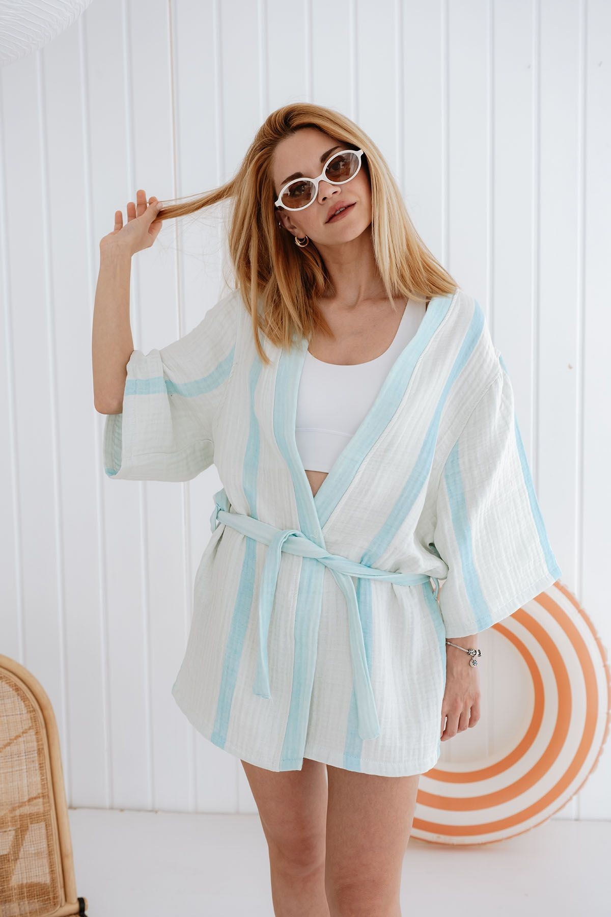 4 Kat Müslin Kimono - Mavi