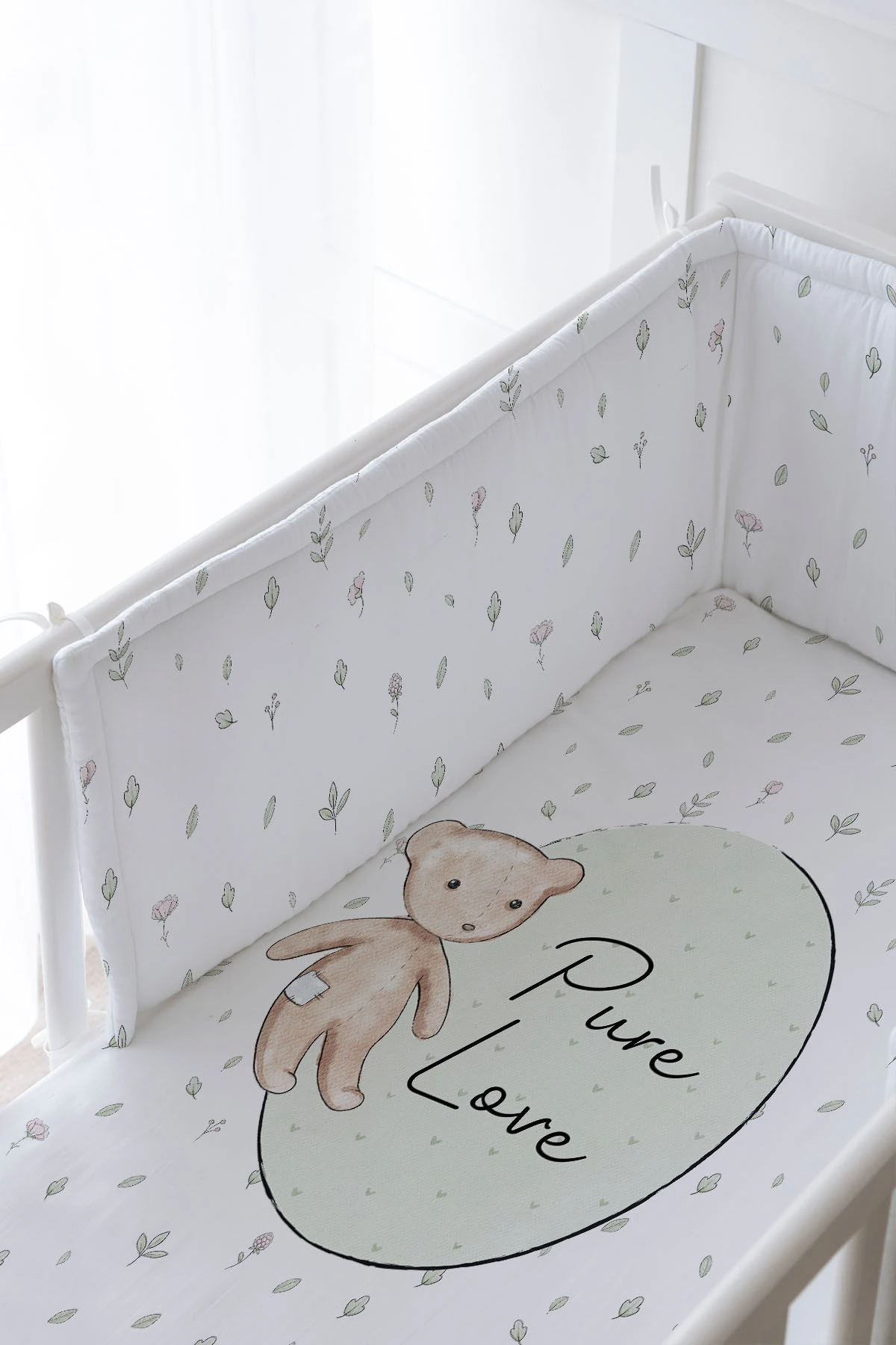 Bebek Başucu Koruyucu ve Baskılı Çarşaflı Uyku Seti - For Baby Serisi - Retro Oyuncak Ayı