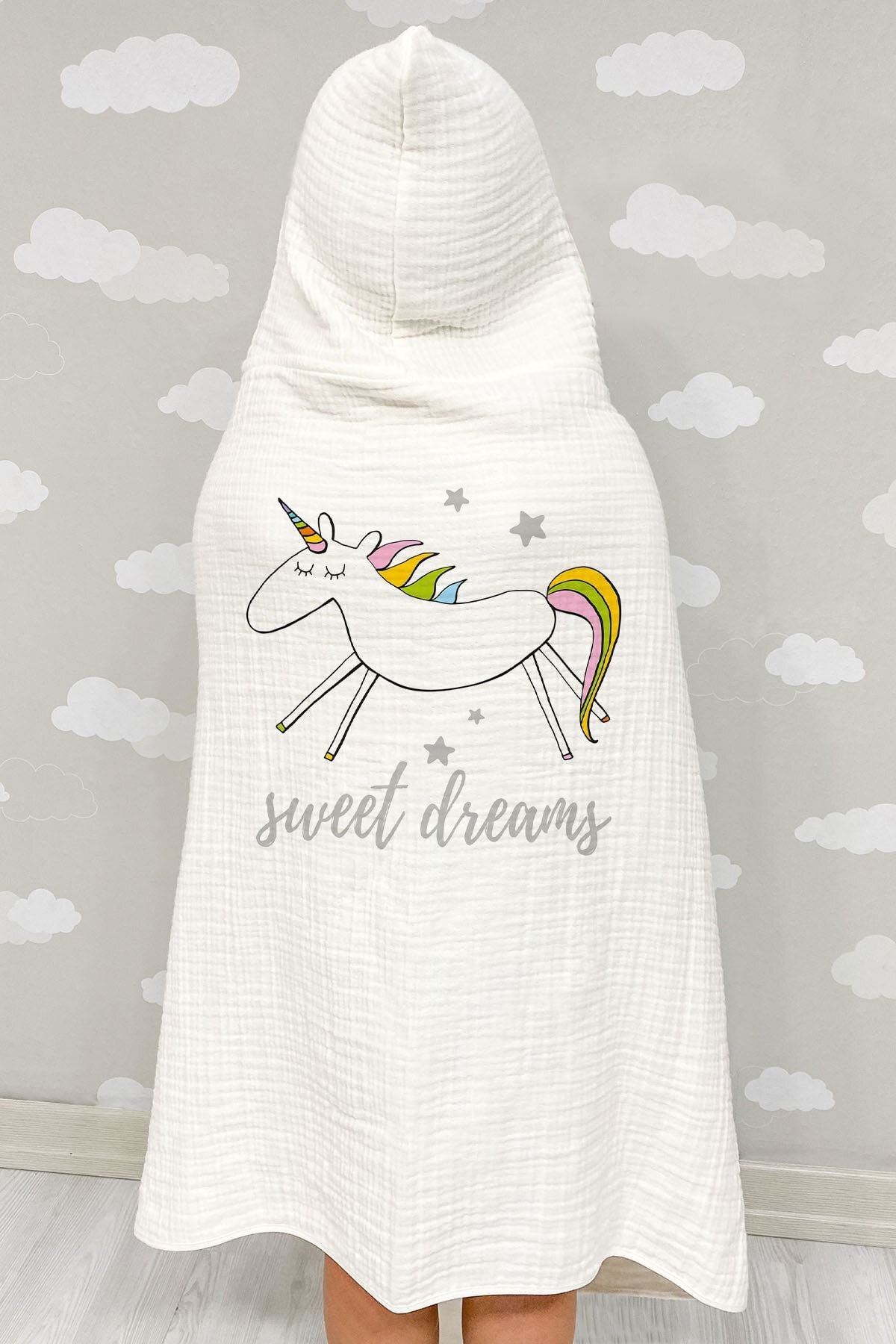 4 Kat Müslin Kapüşonlu Havlu - Pure Baby Serisi - Koşan Unicorn