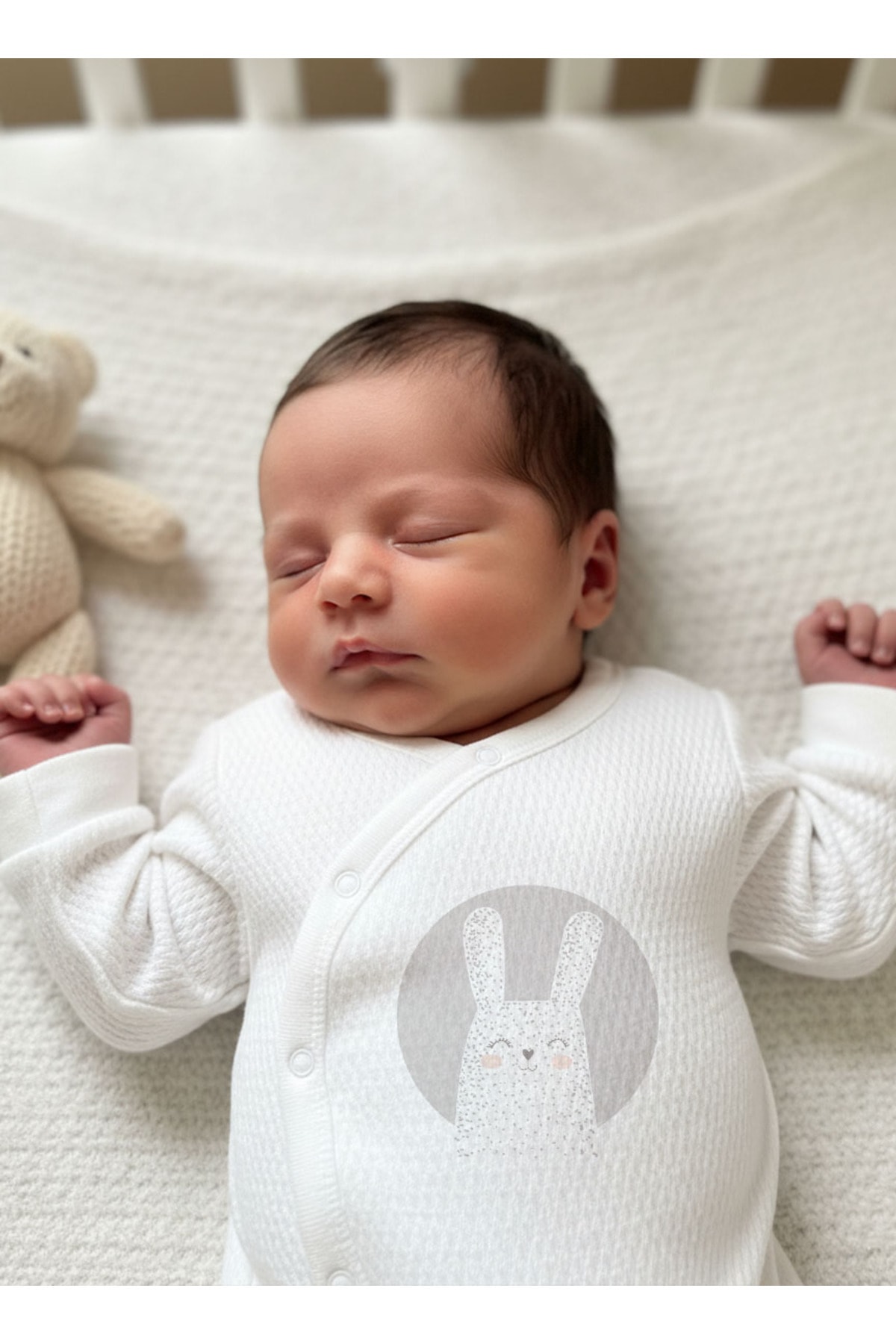 Jakarlı Tulum Şapka Eldiven - Pure Baby - Gri Zeminli Beyaz Tavşan