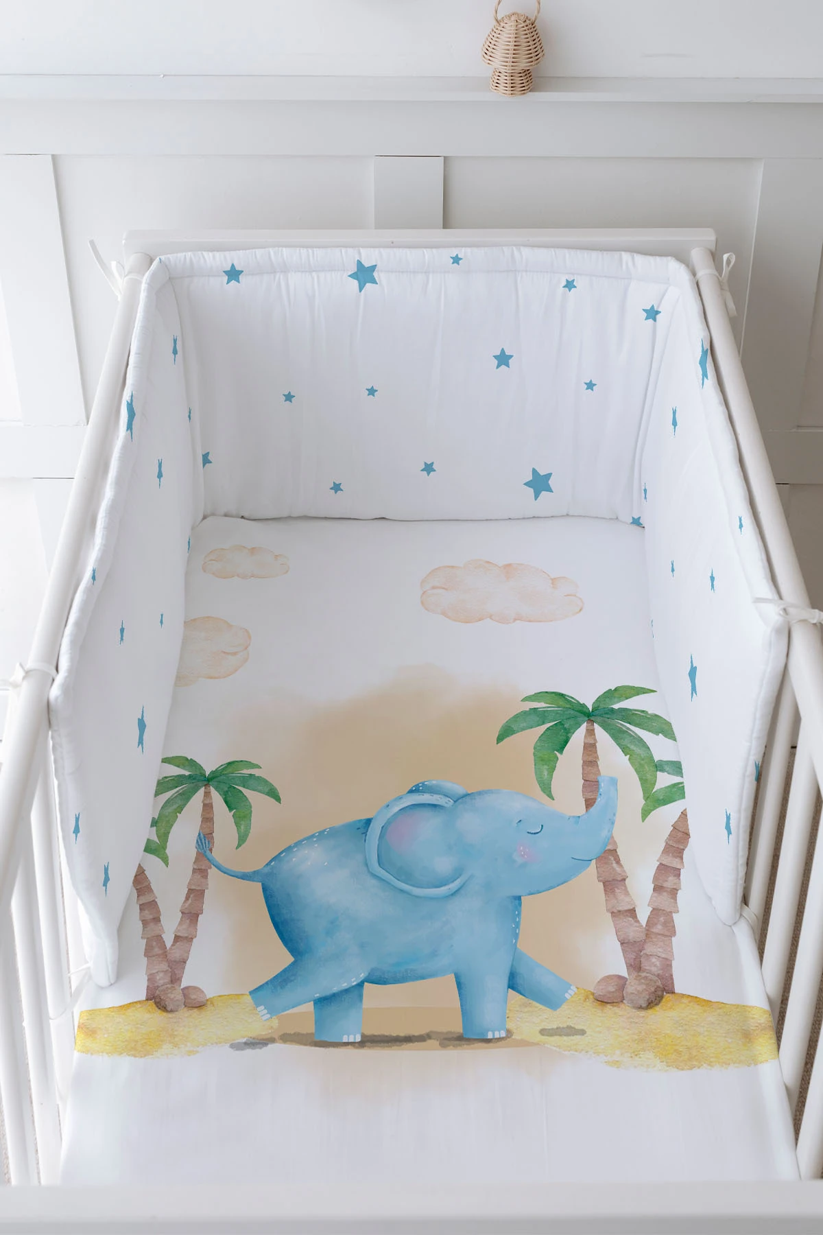 Bebek Başucu Koruyucu ve Baskılı Çarşaflı Uyku Seti - Pure Baby Serisi - Sevimli Fil