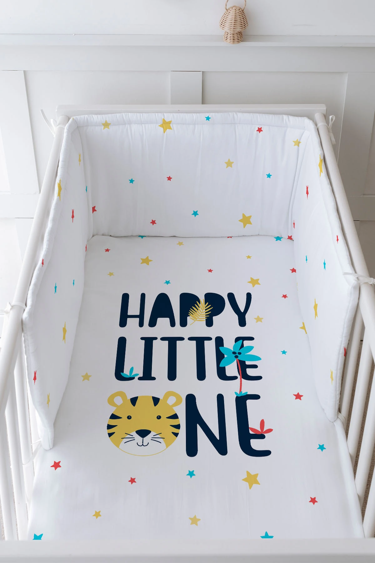 Bebek Başucu Koruyucu ve Baskılı Çarşaflı Uyku Seti - Pure Baby Serisi - Happy Lion