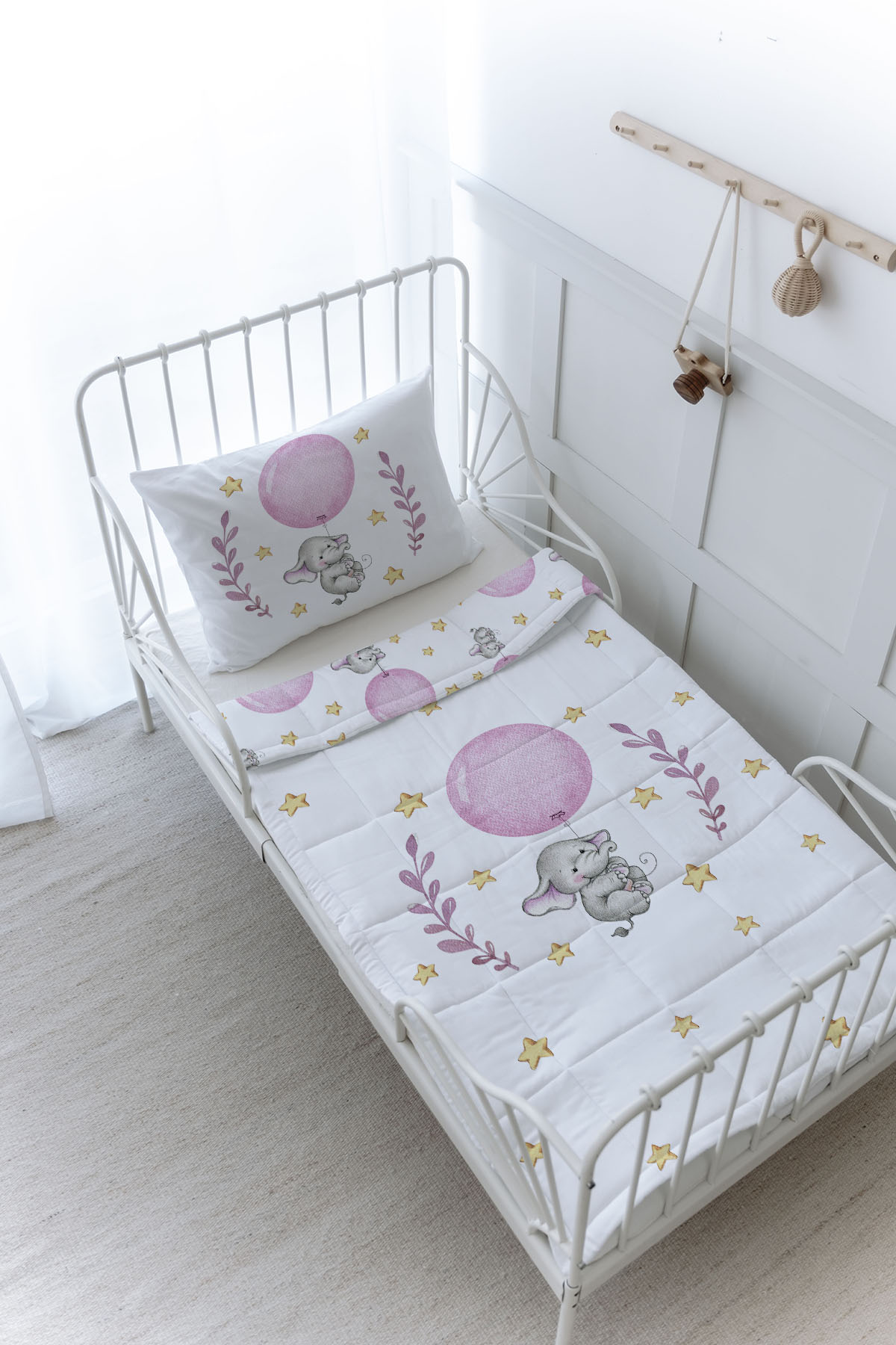 Organik Baskılı Yorgan Seti - For Baby Serisi - Pembe Büyük Balonlu Fil