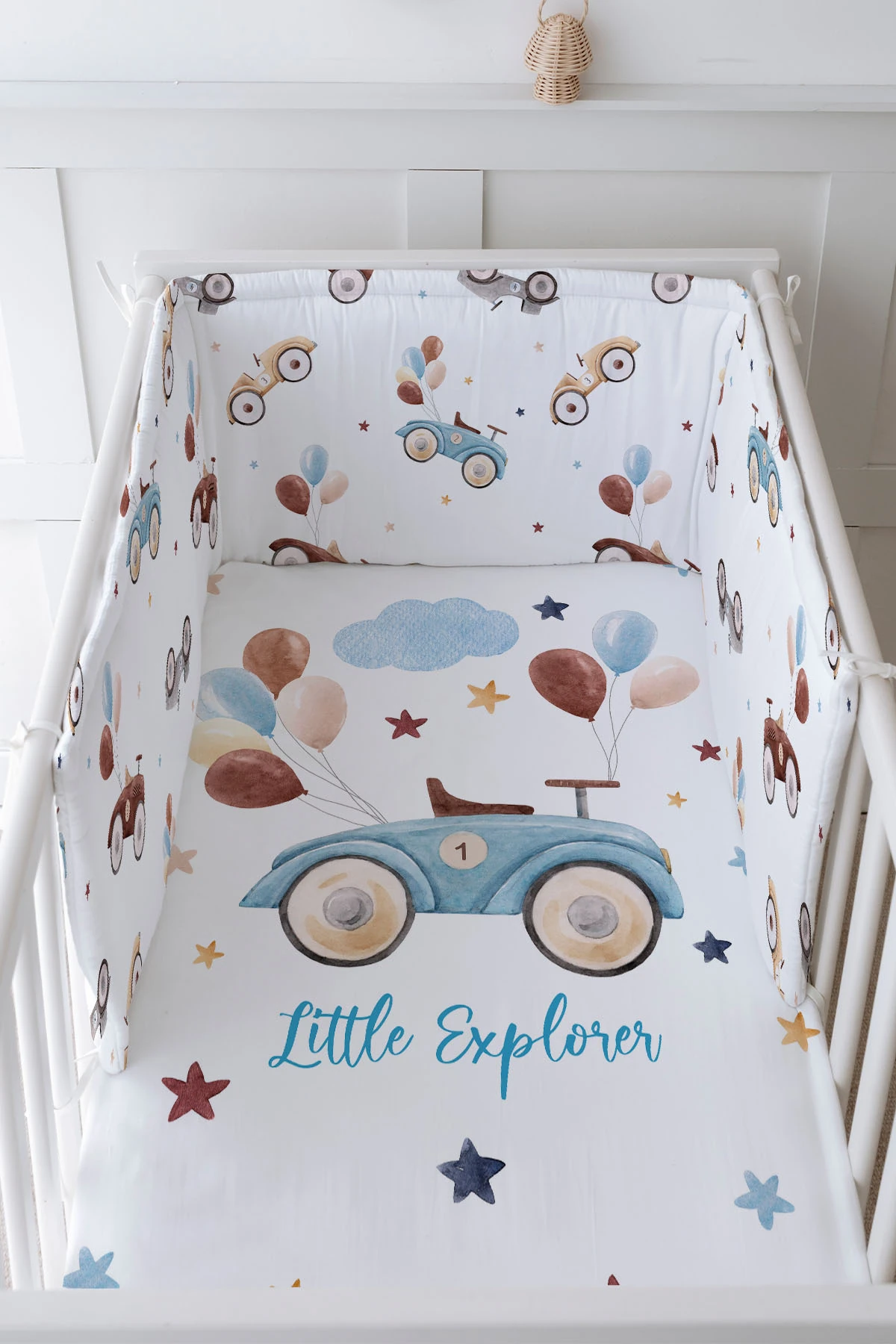 Bebek Başucu Koruyucu ve Baskılı Çarşaflı Uyku Seti - For Baby Serisi - Balonlu Araba