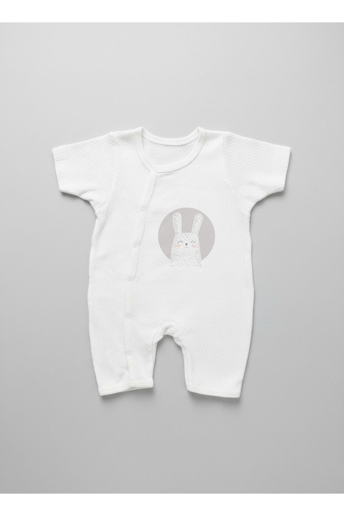Jakarlı Romper Body - Pure Baby - Gri Zeminli Beyaz Tavşan