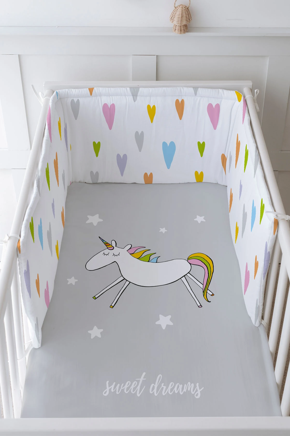 Bebek Başucu Koruyucu ve Baskılı Çarşaflı Uyku Seti - Pure Baby Serisi - Doodle Unicorn