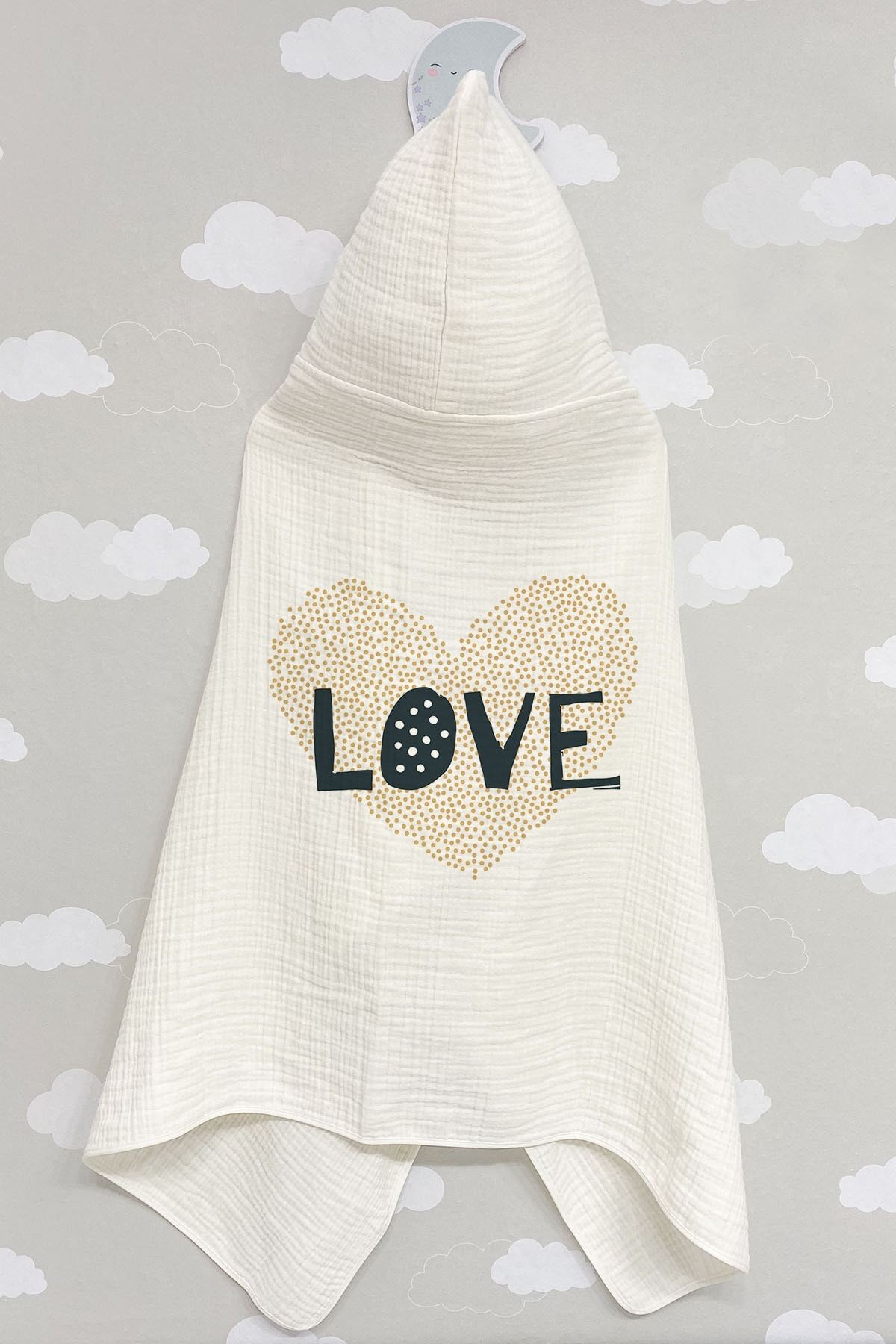 4 Kat Müslin Kapüşonlu Havlu - Pure Baby Serisi - Kalpli Love