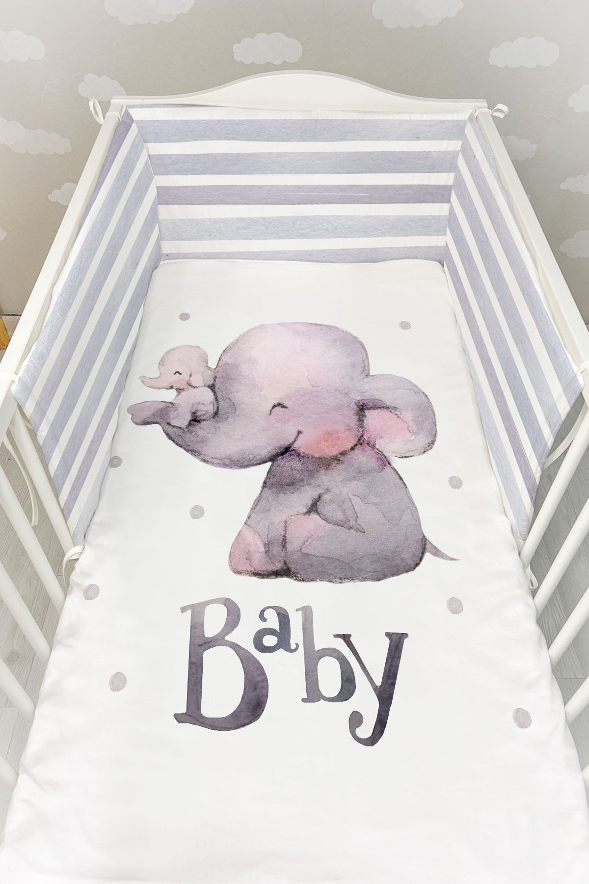 Bebek Başucu Koruyucu ve Baskılı Çarşaflı Uyku Seti - Pure Baby Serisi - Oyuncu Filler