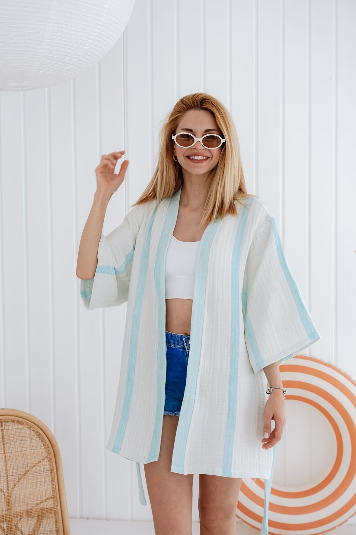 4 Kat Müslin Kimono - Mavi