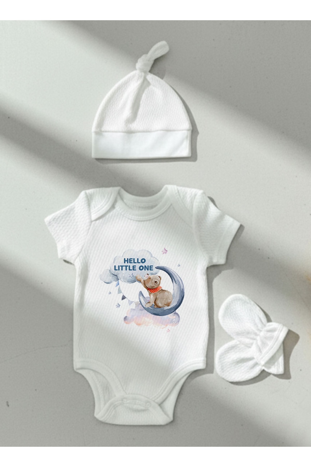 Jakarlı Body Şapka Eldiven - For Baby - Aya Uzanan Ayı