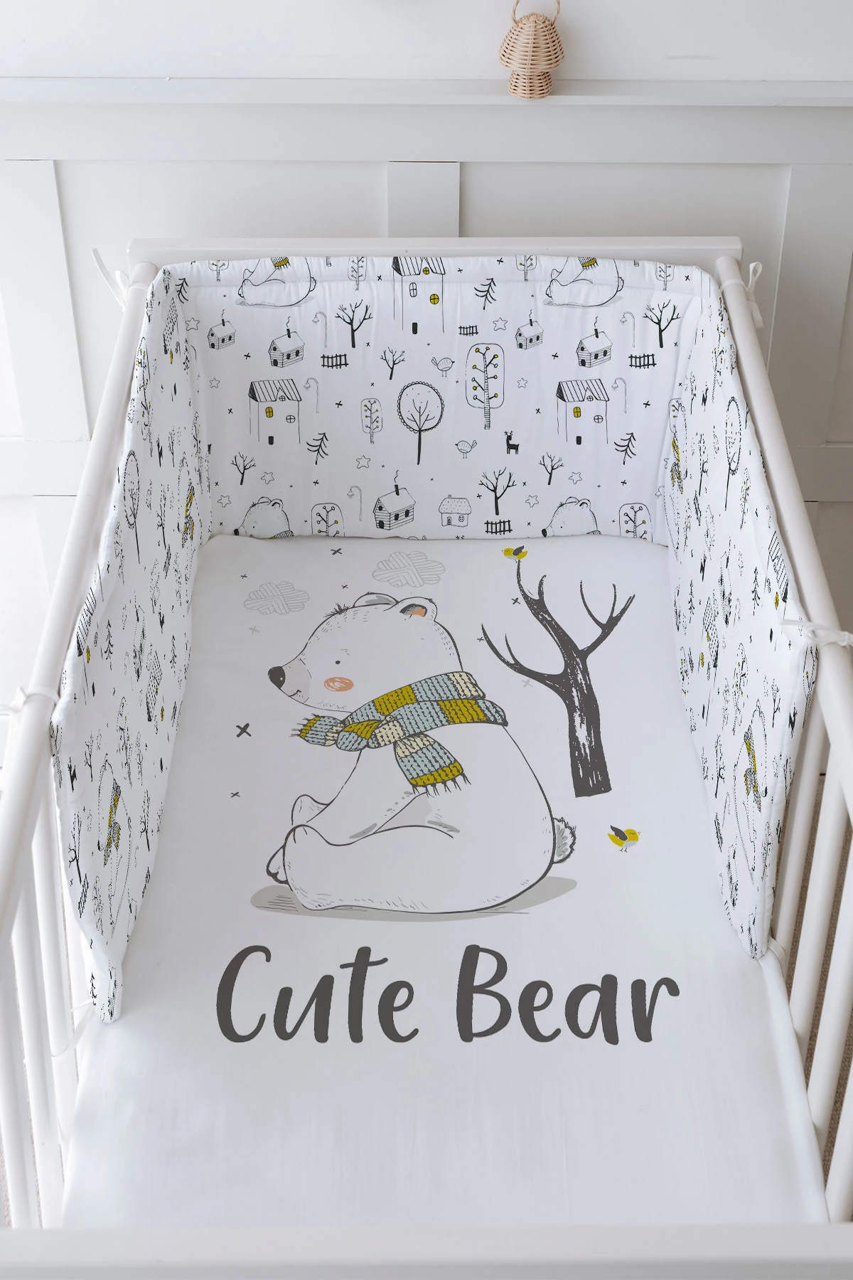 Bebek Başucu Koruyucu ve Baskılı Çarşaflı Uyku Seti - For Baby Serisi - Atkılı Kutup Ayısı