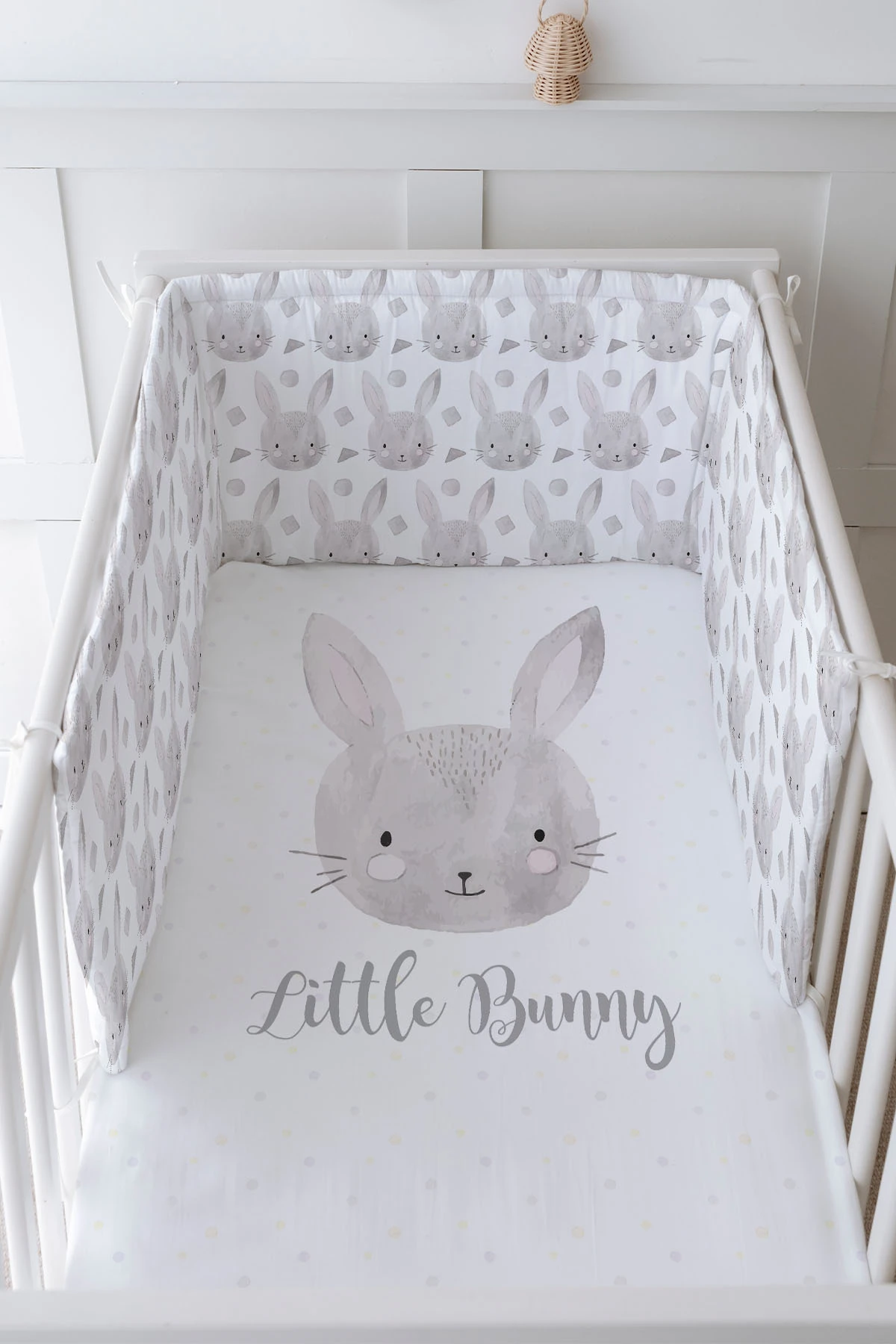 Bebek Başucu Koruyucu ve Baskılı Çarşaflı Uyku Seti - For Baby Serisi - Karakalem Tavşan