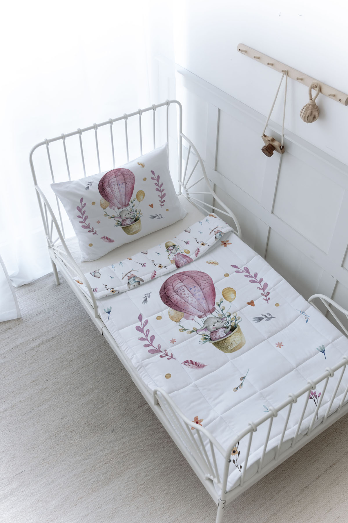 Organik Baskılı Yorgan Seti - For Baby Serisi - Pembe Balonda Fil