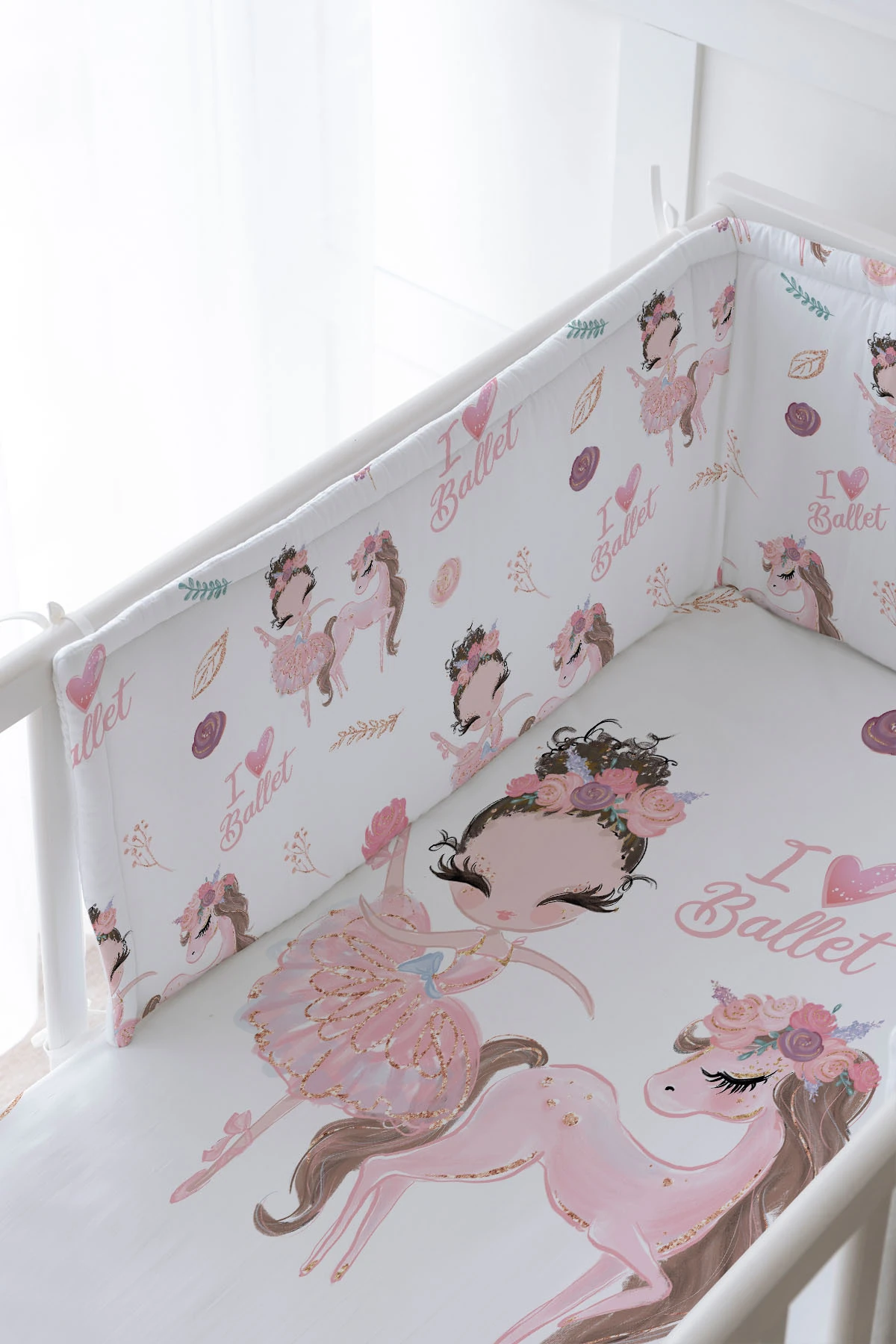 Bebek Başucu Koruyucu Ve Baskılı Çarşaflı Uyku Seti - For Baby Serisi - Balerin Ve Unicorn