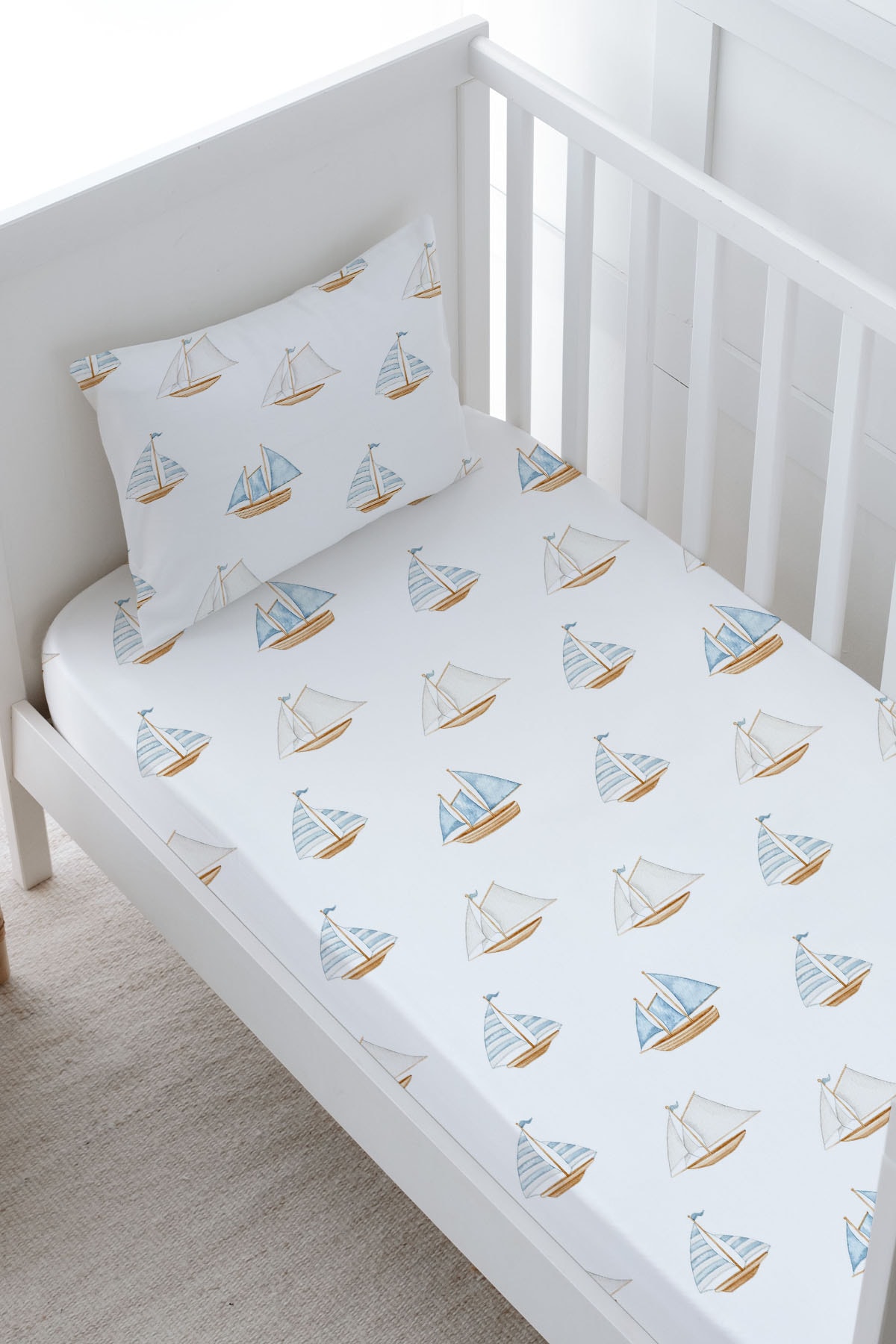 Bebek Boy Lastikli Çarşaf Seti - Pureline Series - Sail Boats