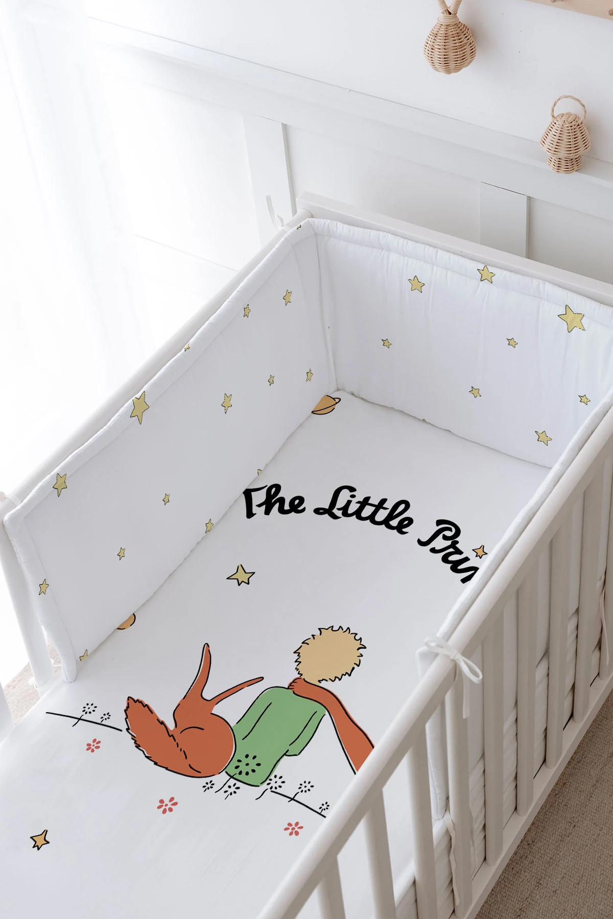 Bebek Başucu Koruyucu ve Baskılı Çarşaflı Uyku Seti - Pure Baby Serisi - Tilki Ve Küçük Prens