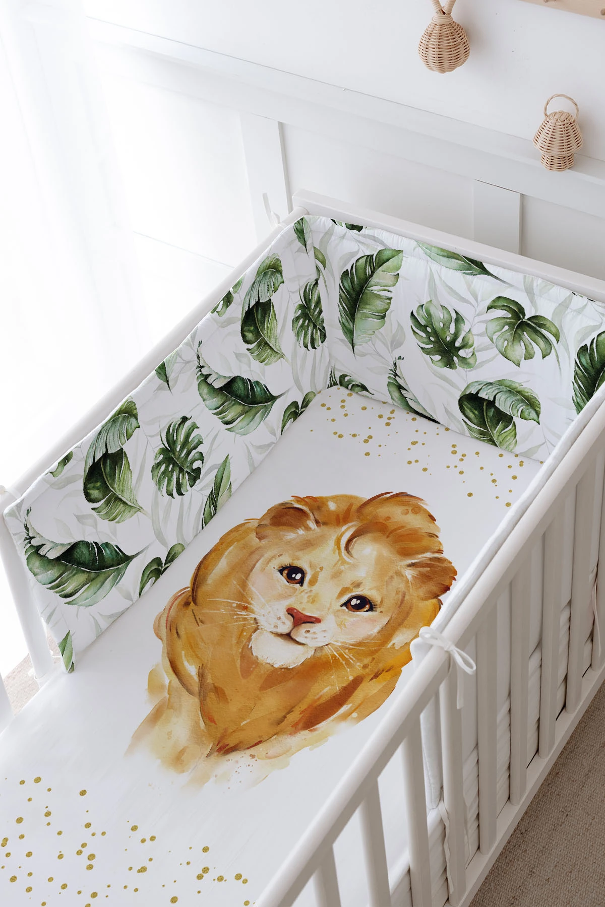 Bebek Başucu Koruyucu ve Baskılı Çarşaflı Uyku Seti - For Baby Serisi - Suluboya Aslan