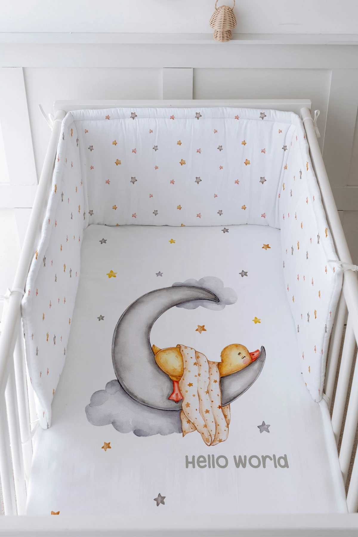 Bebek Başucu Koruyucu ve Baskılı Çarşaflı Uyku Seti - Pure Baby Serisi - Ayda Uyuyan Ördek
