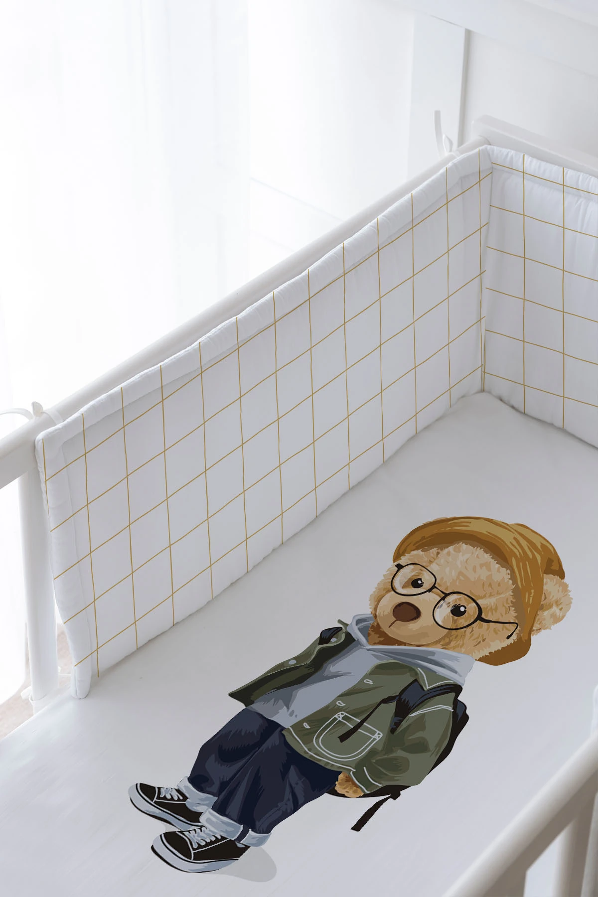 Bebek Başucu Koruyucu ve Baskılı Çarşaflı Uyku Seti - Pure Baby Serisi - Gözlüklü Ayıcık