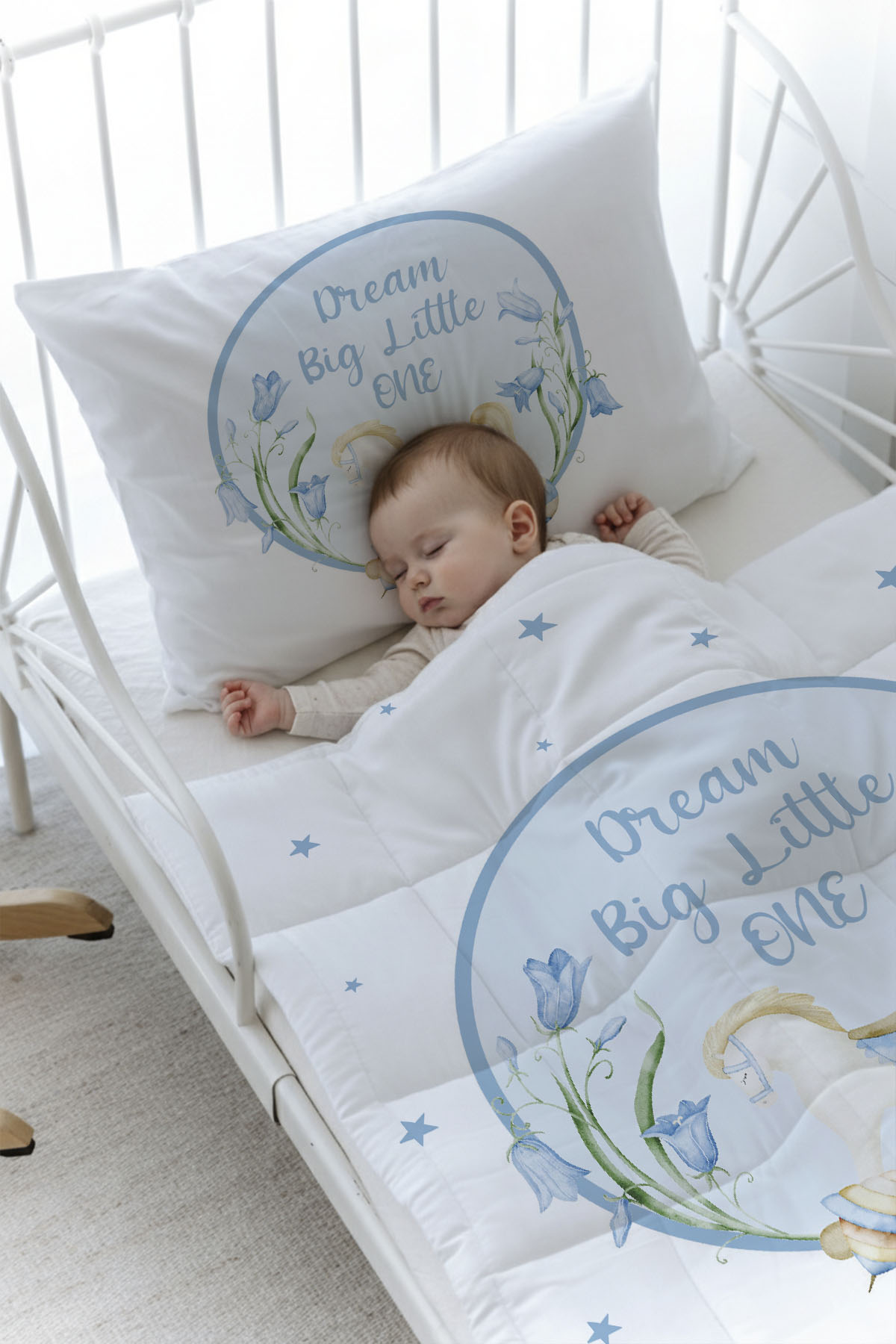 Organik Baskılı Yorgan Seti - For Baby Serisi - Mavi Sallanan At