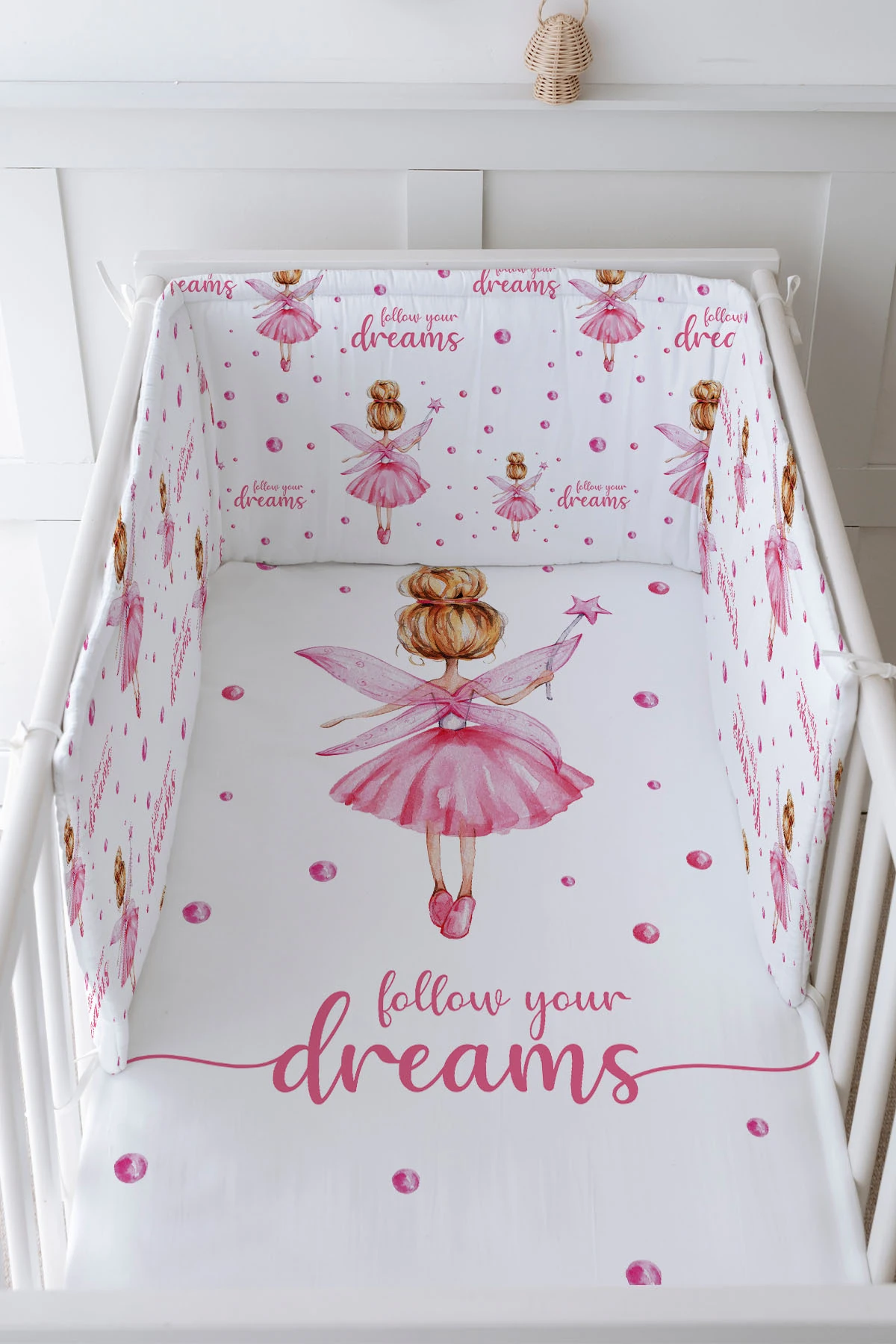 Bebek Başucu Koruyucu ve Baskılı Çarşaflı Uyku Seti - For Baby Serisi - Topuzlu Pembe Peri