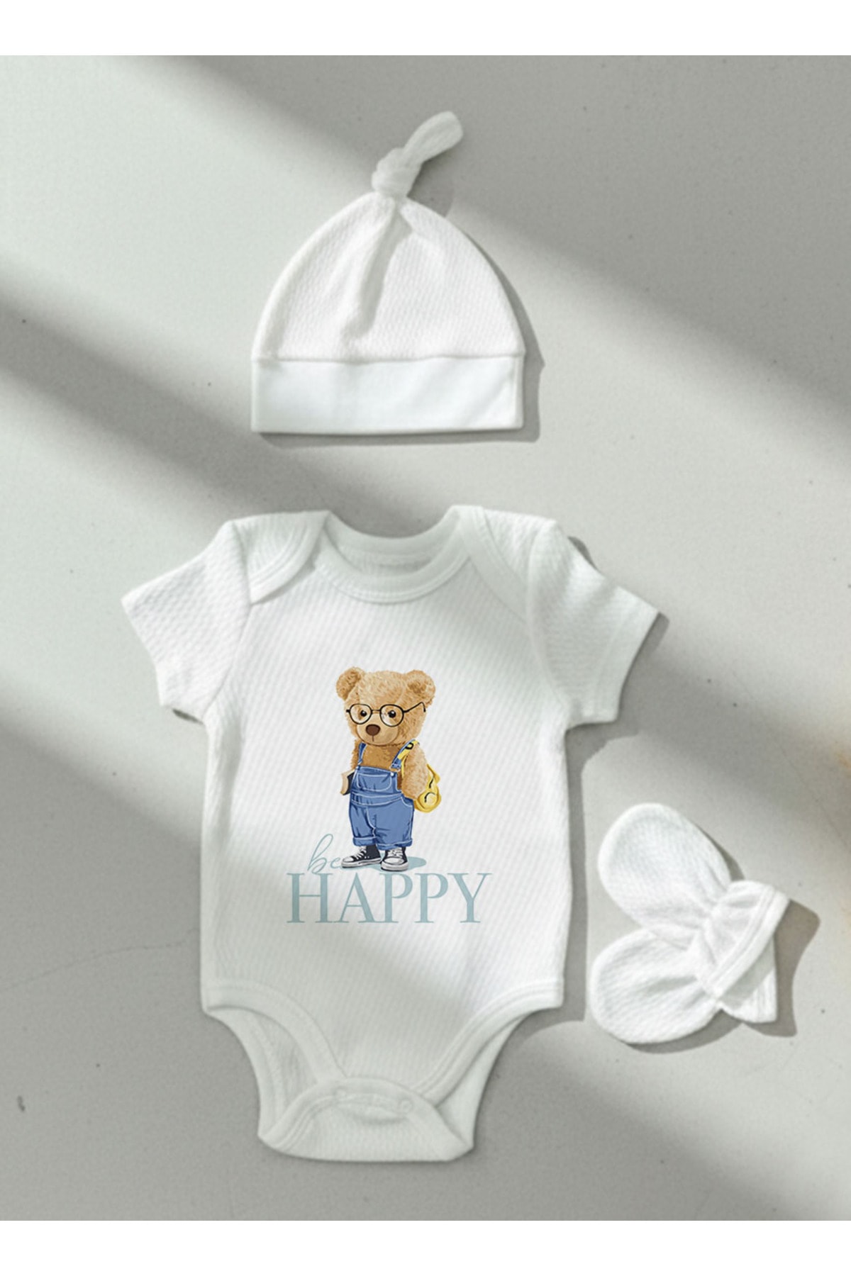 Jakarlı Body Şapka Eldiven - Pure Baby - Salopetli Ayıcık