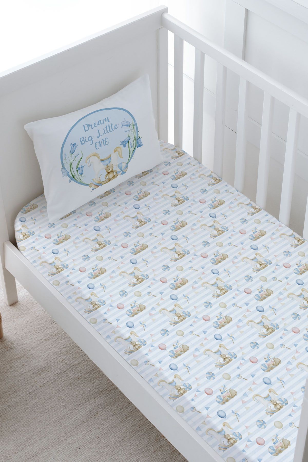 Bebek Boy Lastikli Çarşaf Seti - For Baby Serisi - Mavi Sallanan At