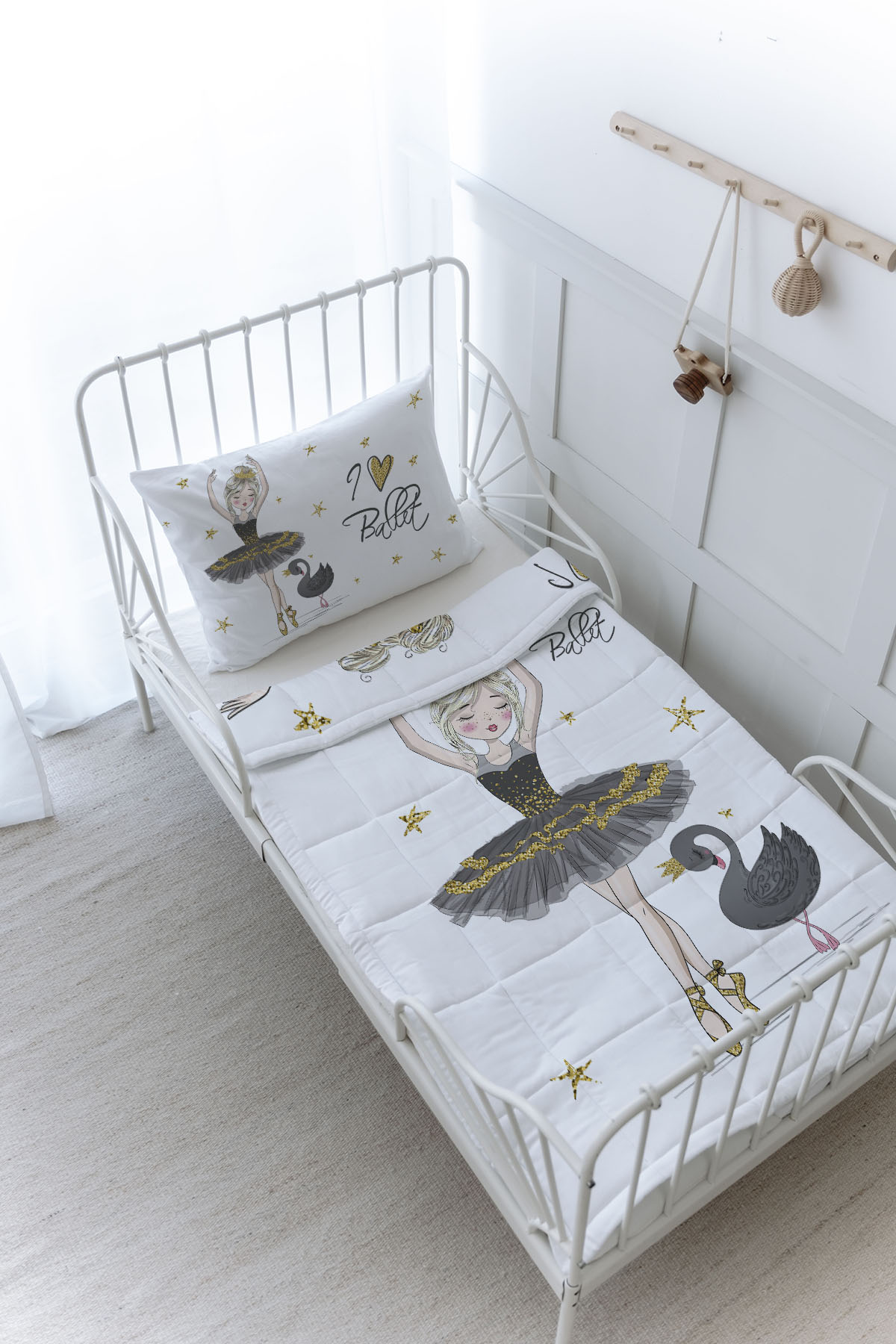 Organik Baskılı Yorgan Seti - For Baby Serisi - Siyah Kuğulu Balerin