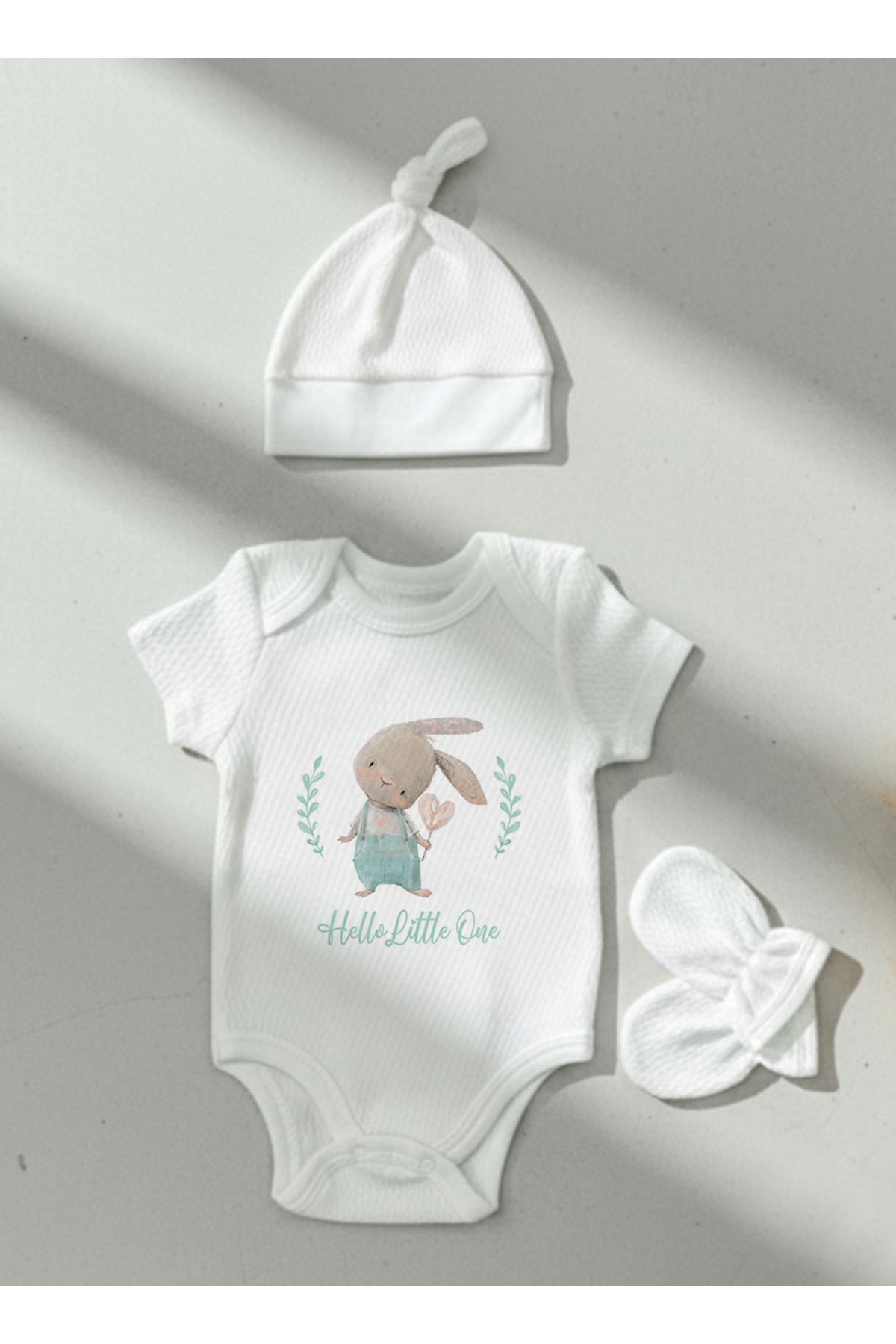 Jakarlı Body Şapka Eldiven - For Baby - Salopetli Tavşan