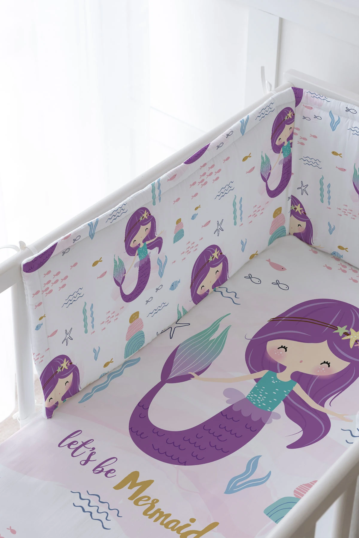 Bebek Başucu Koruyucu ve Baskılı Çarşaflı Uyku Seti - For Baby Serisi - Mor Deniz Kızı