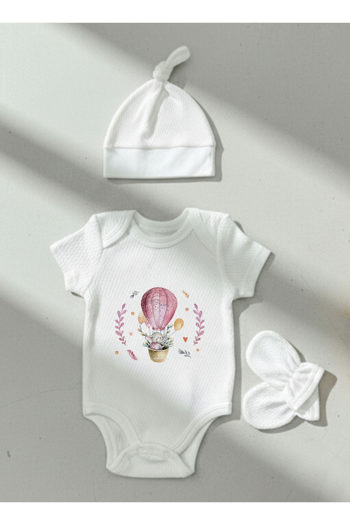 Jakarlı Body Şapka Eldiven - For Baby - Pembe Balonda Fil