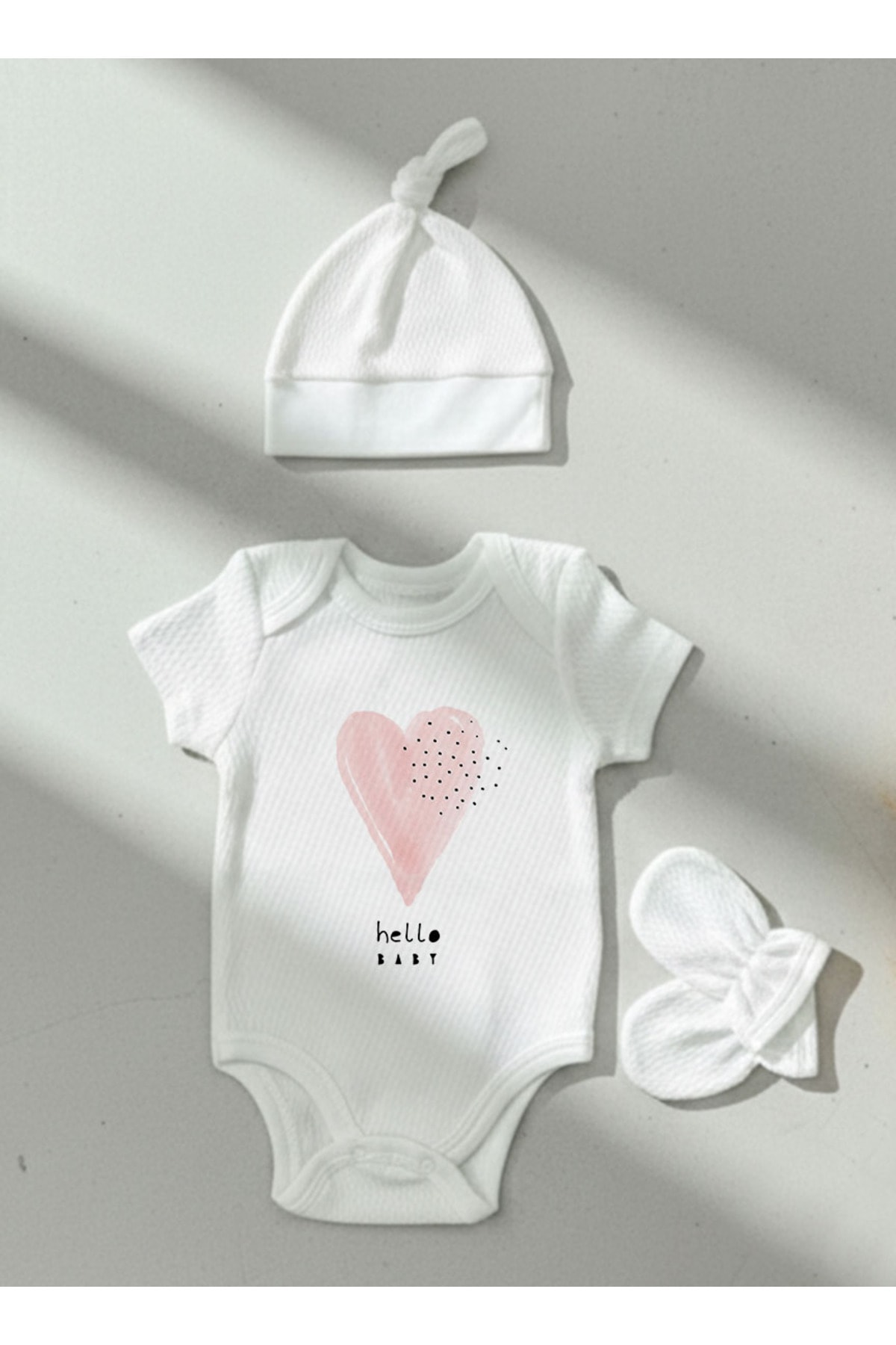 Jakarlı Body Şapka Eldiven - Pure Baby - Pembe Romantik Kalp