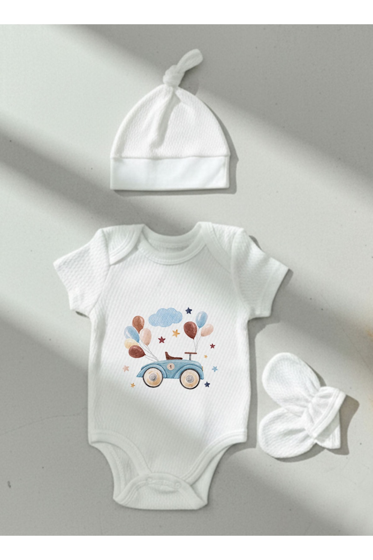 Jakarlı Body Şapka Eldiven - For Baby - Balonlu Araba