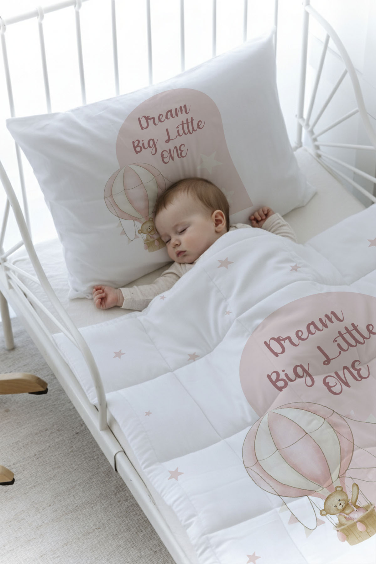 Organik Baskılı Yorgan Seti - For Baby Serisi - Pembe Balonda Ayı