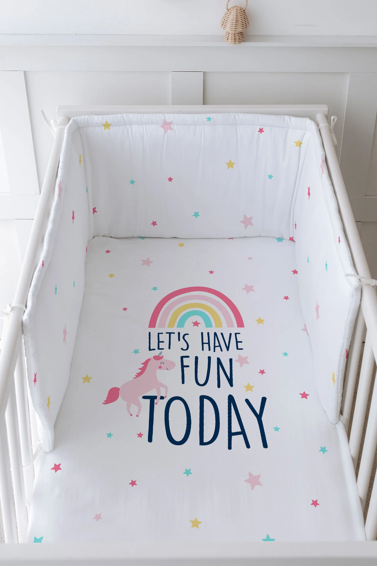 Bebek Başucu Koruyucu ve Baskılı Çarşaflı Uyku Seti - Pure Baby Serisi - Unicorn Fun