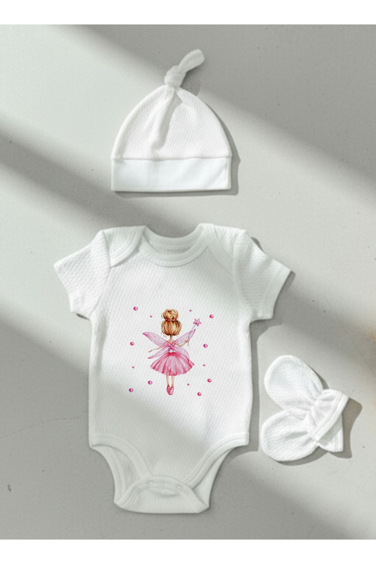 Jakarlı Body Şapka Eldiven - For Baby - Pembe Peri