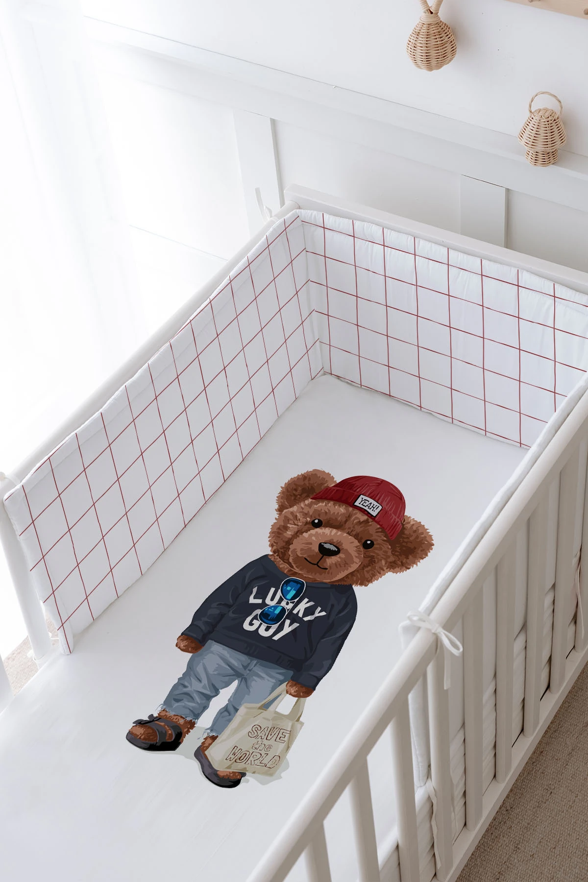 Bebek Başucu Koruyucu Ve Baskılı Çarşaflı Uyku Seti - Pure Baby Serisi - Sportmen Ayıcık