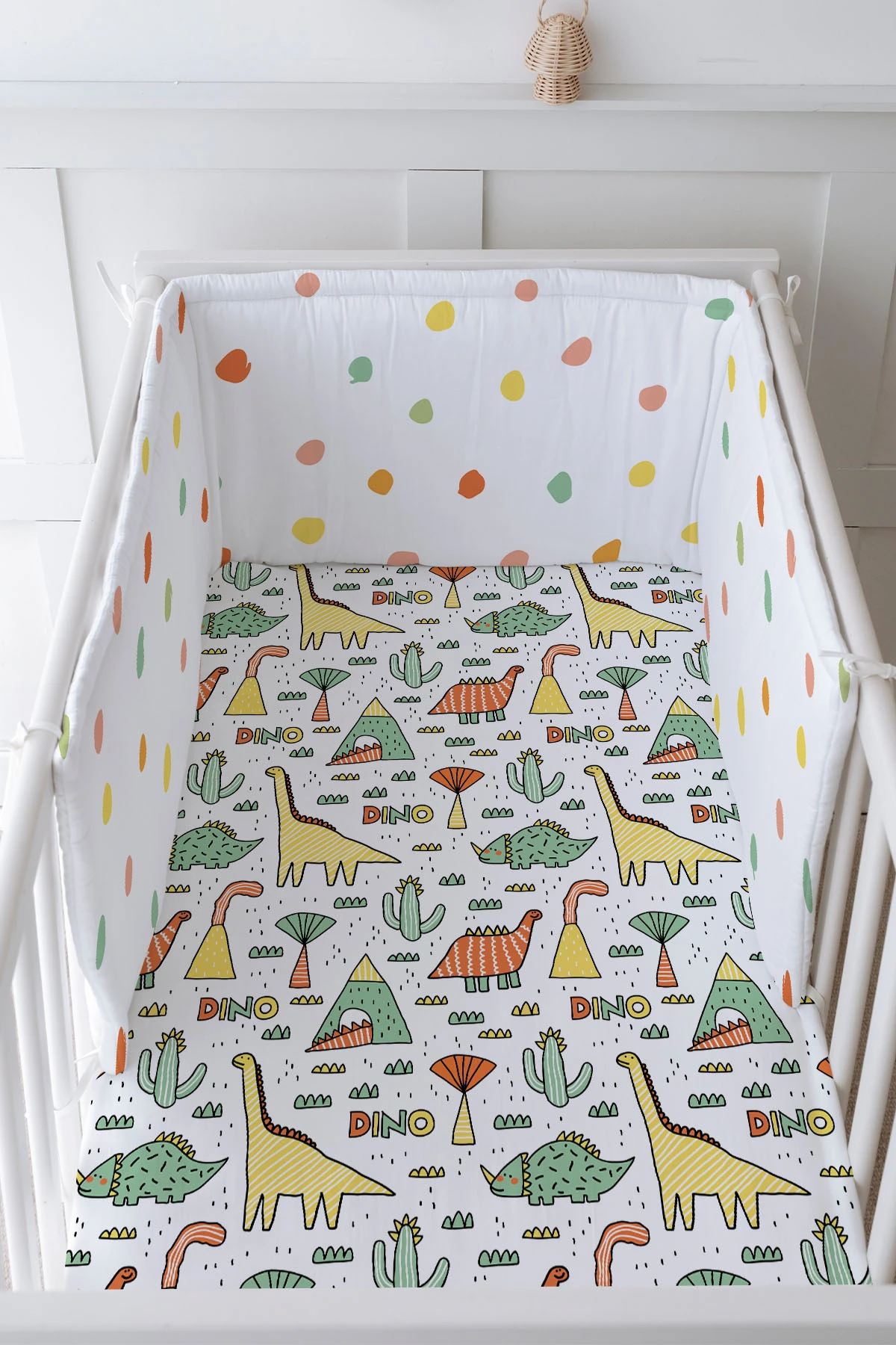 Bebek Başucu Koruyucu ve Baskılı Çarşaflı Uyku Seti - Pure Baby Serisi - Dino Ve Kaktüsler