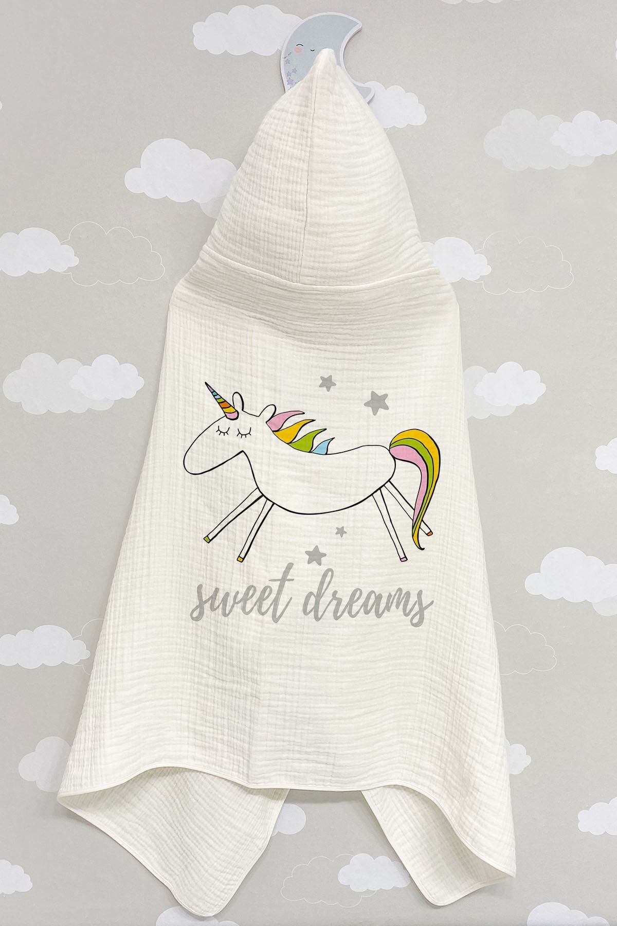 4 Kat Müslin Kapüşonlu Havlu - Pure Baby Serisi - Koşan Unicorn