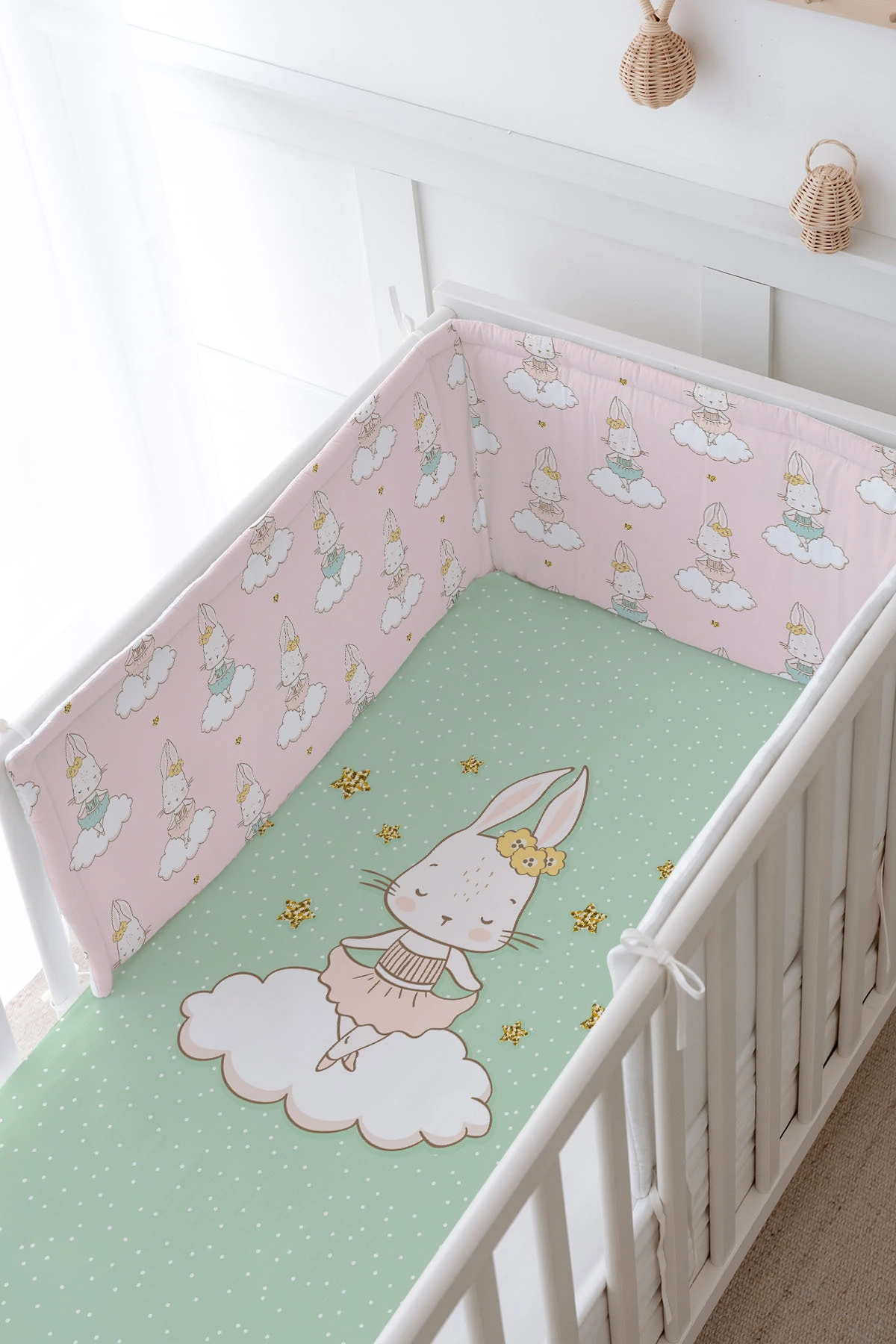 Bebek Başucu Koruyucu ve Baskılı Çarşaflı Uyku Seti - For Baby Serisi - Pembe Balerin Tavşan