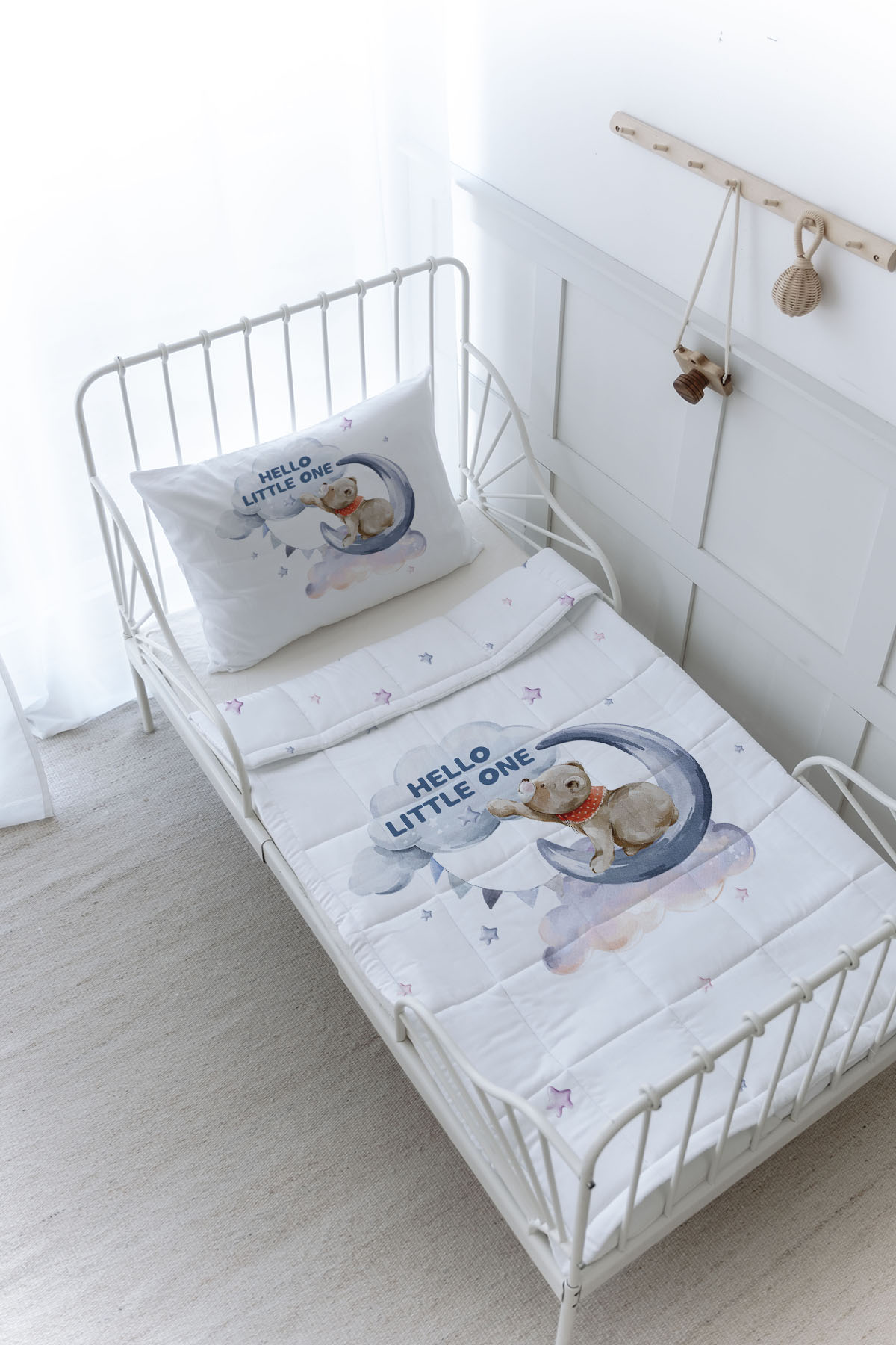 Organik Baskılı Yorgan Seti - Pure Baby Serisi - Aya Uzanan Ayı