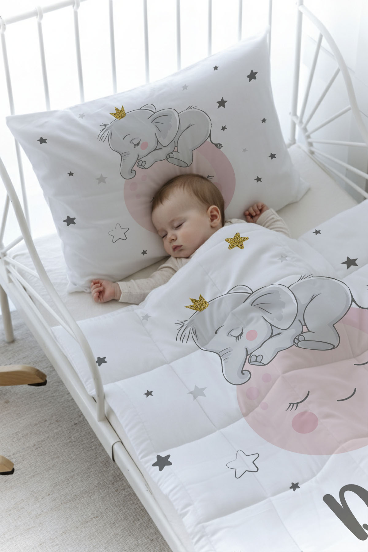 Organik Baskılı Yorgan Seti - For Baby Serisi - Ayda Uyuyan Fil