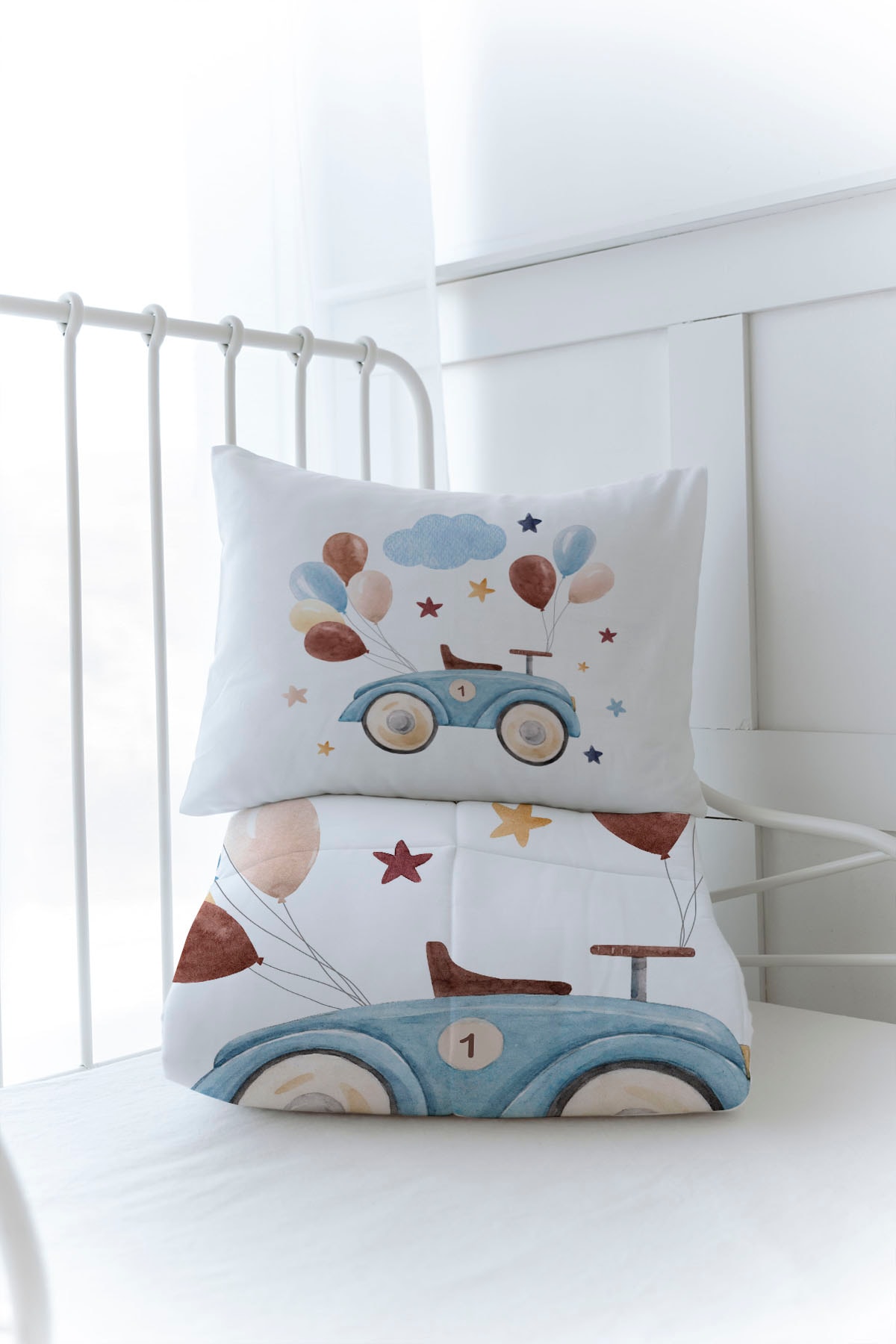 Organik Baskılı Yorgan Seti - For Baby Serisi - Balonlu Araba