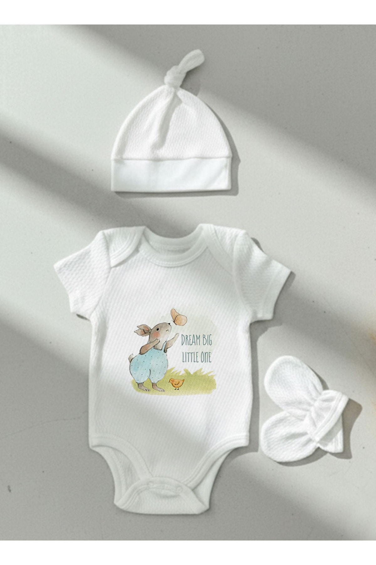 Jakarlı Body Şapka Eldiven - For Baby - Kelebekle Tavşan