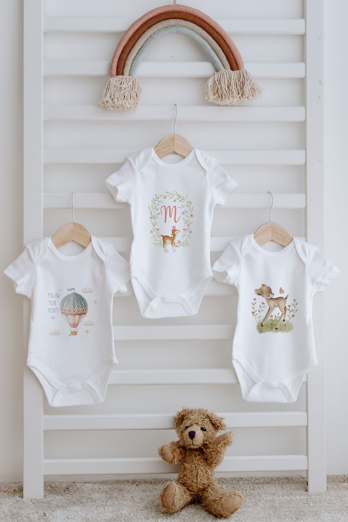 3'lü Bebek Body - Little Deer Series  - M Harfi