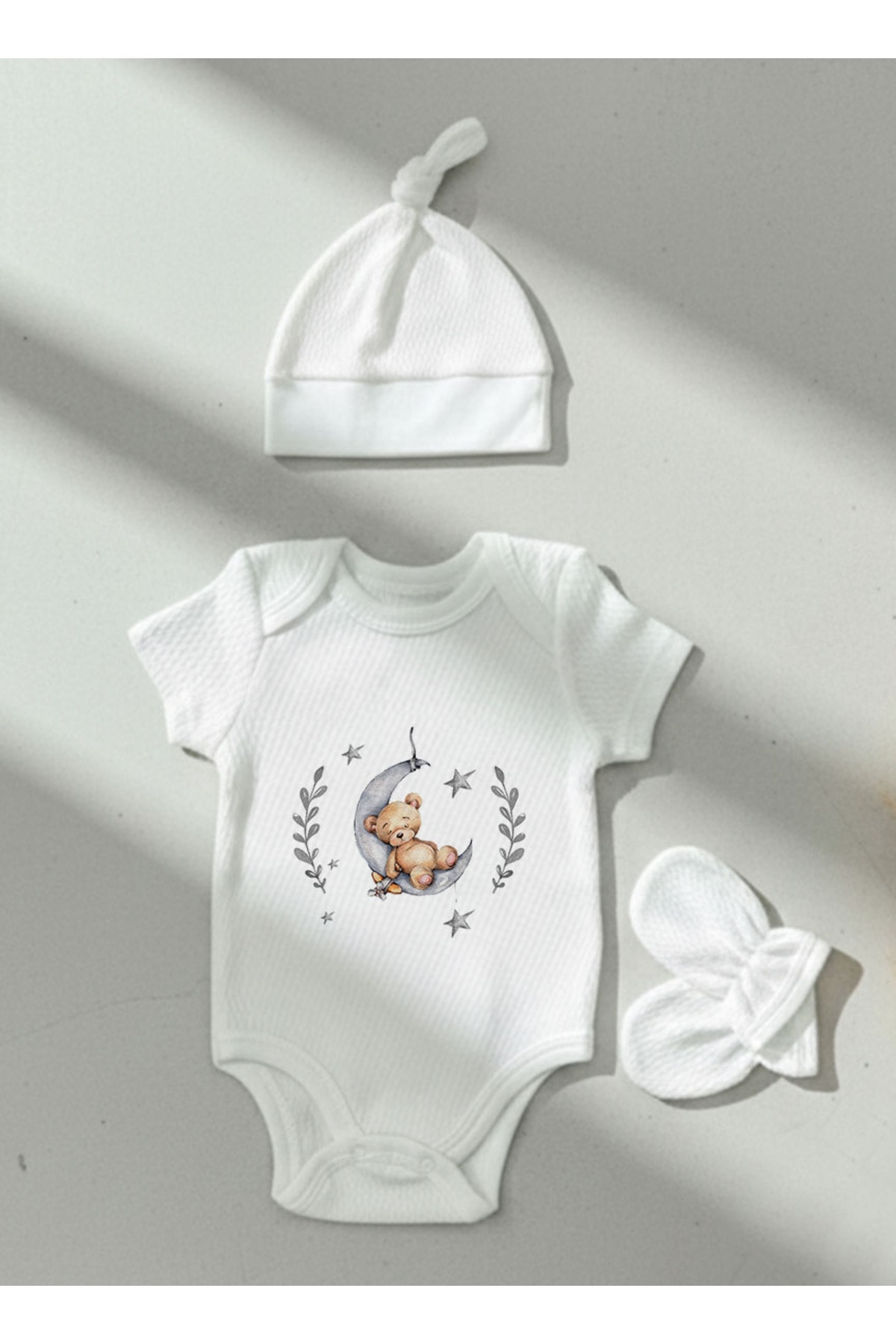 Jakarlı Body Şapka Eldiven - For Baby - Ayda Uyuyan Ayı