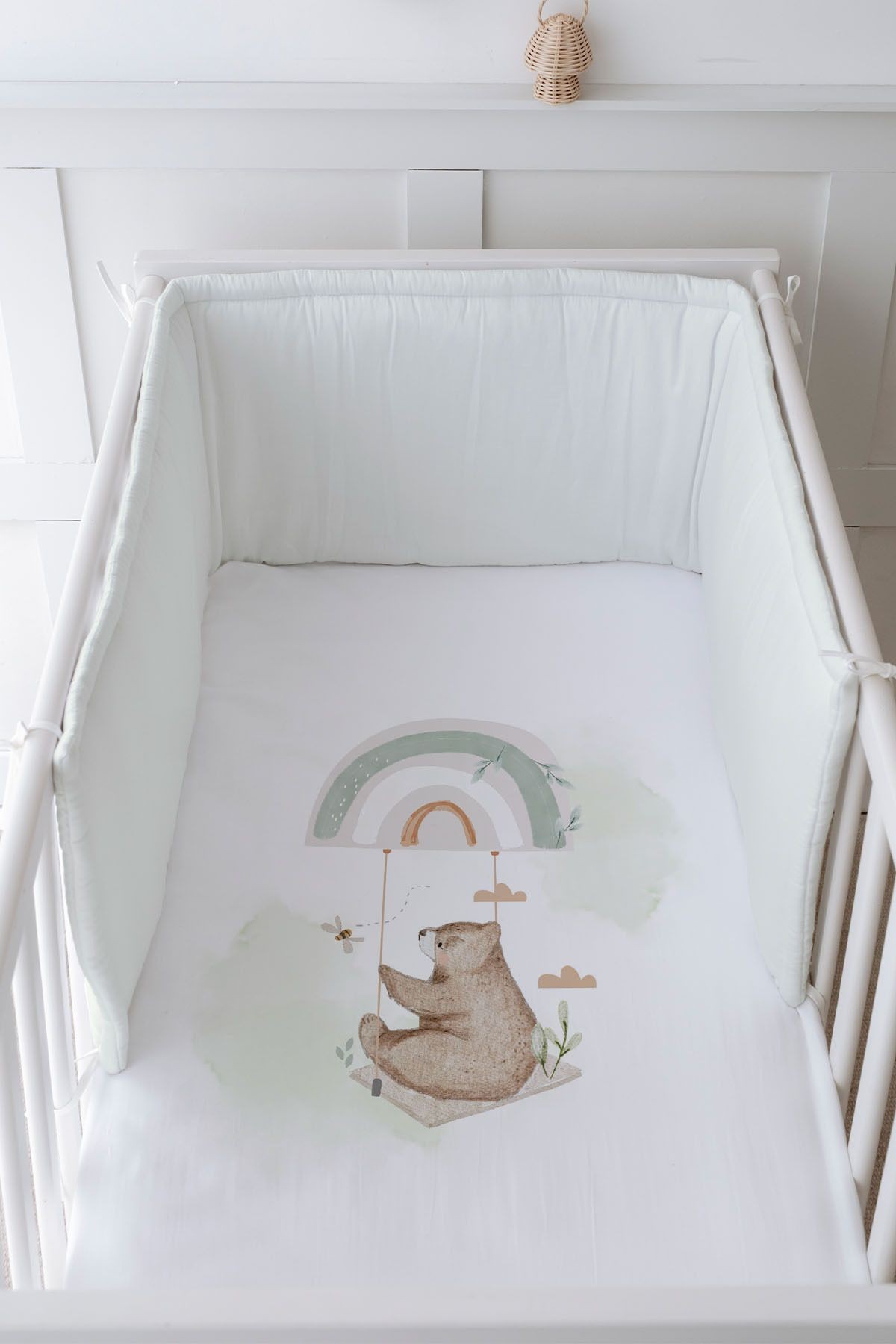Bebek Başucu Koruyucu ve Baskılı Çarşaflı Uyku Seti - Royal Serisi - Welcome Baby Bear